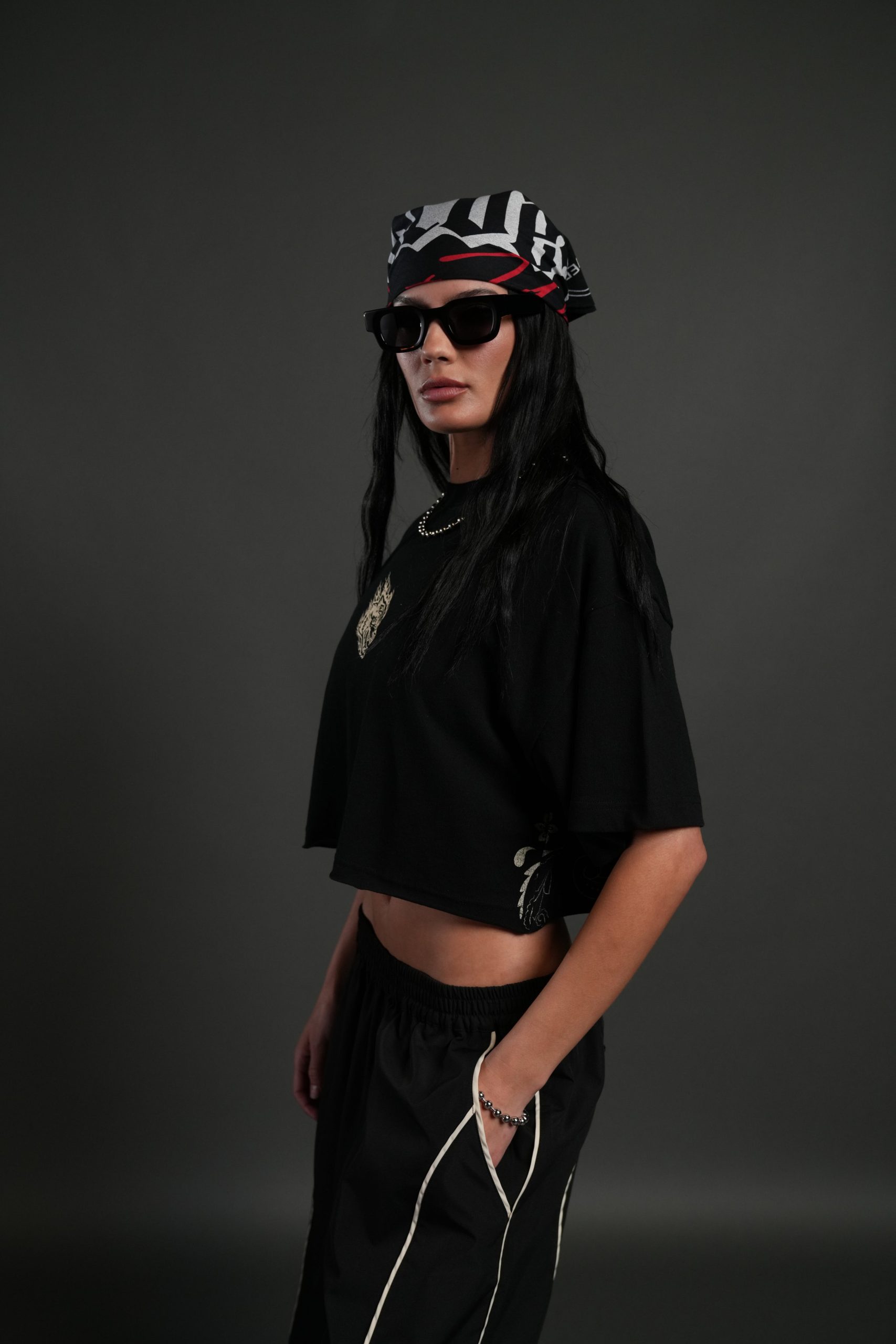 Faded Paisley Premium Oversized Cropped Tee in Black - Image 2