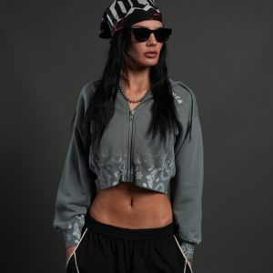 Faded Paisley Sage Cropped Zip Hoodie in Greek Stone