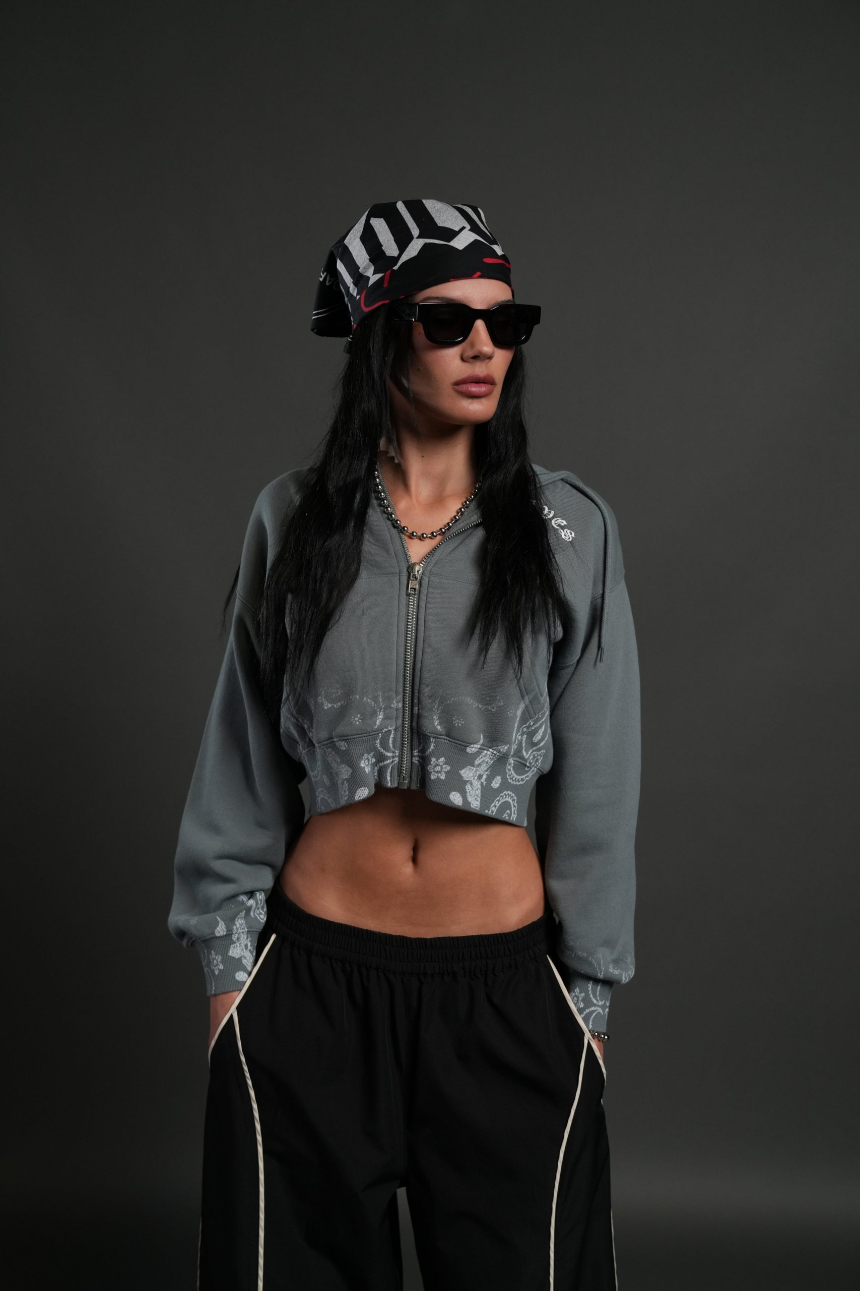 Faded Paisley Sage Cropped Zip Hoodie in Greek Stone
