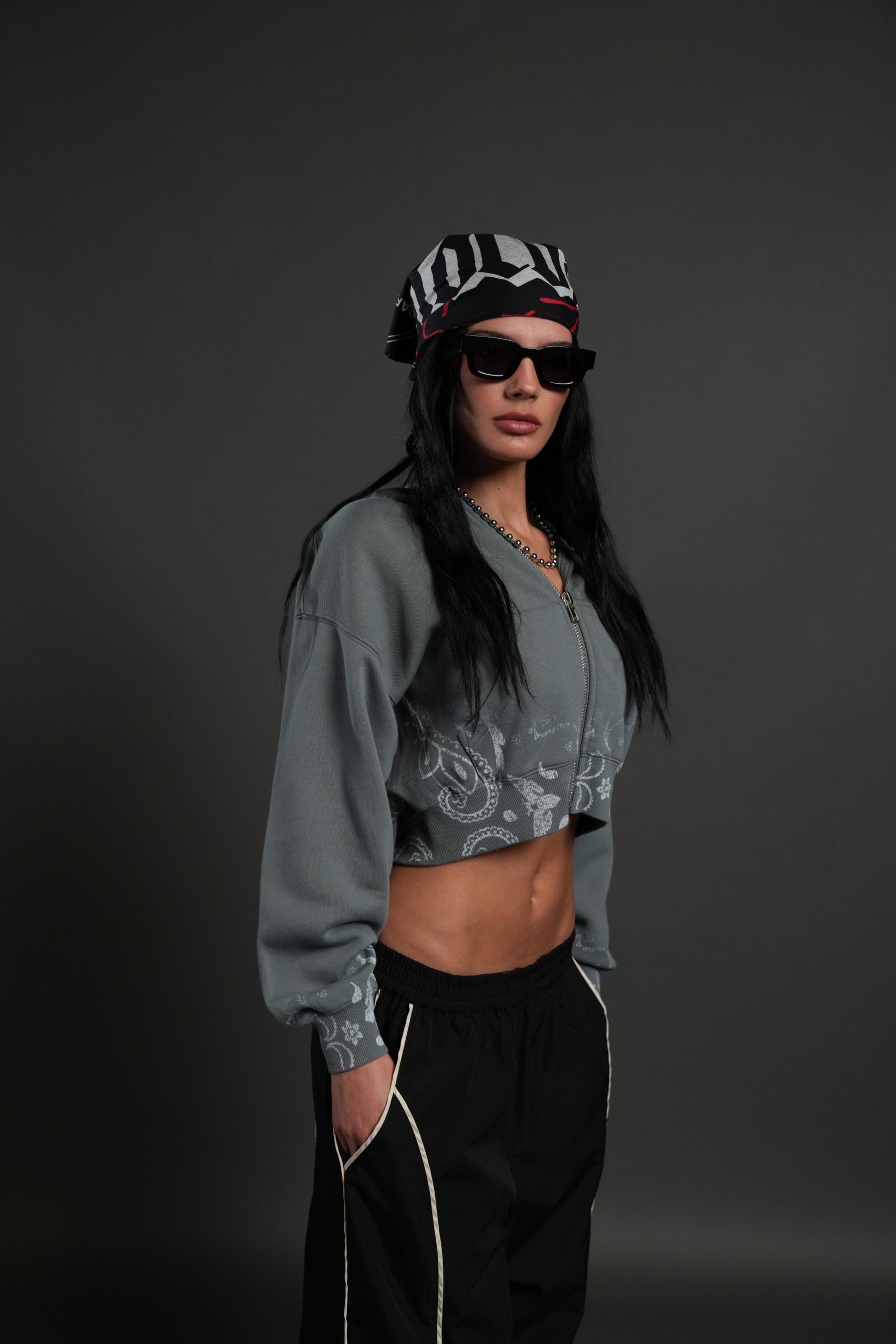 Faded Paisley Sage Cropped Zip Hoodie in Greek Stone - Image 2