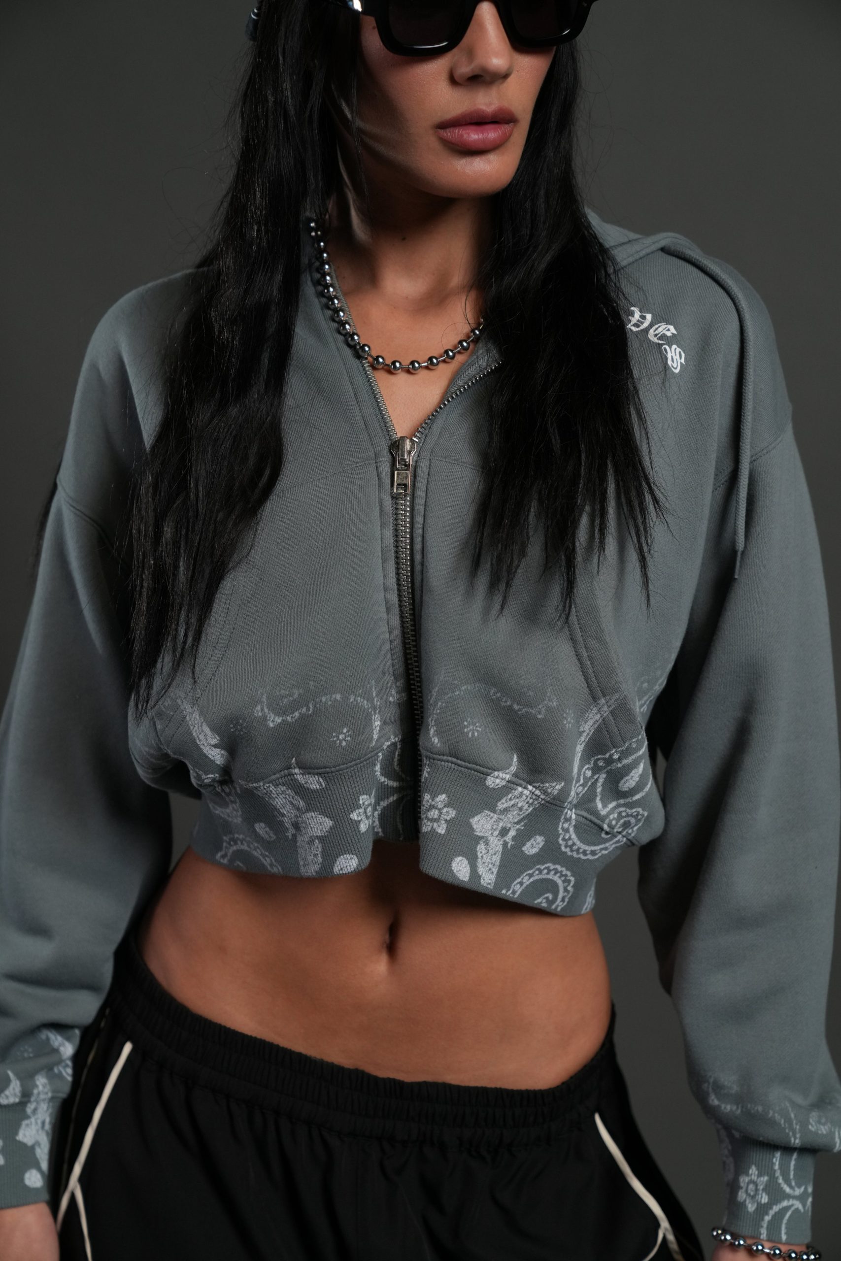 Faded Paisley Sage Cropped Zip Hoodie in Greek Stone - Image 3