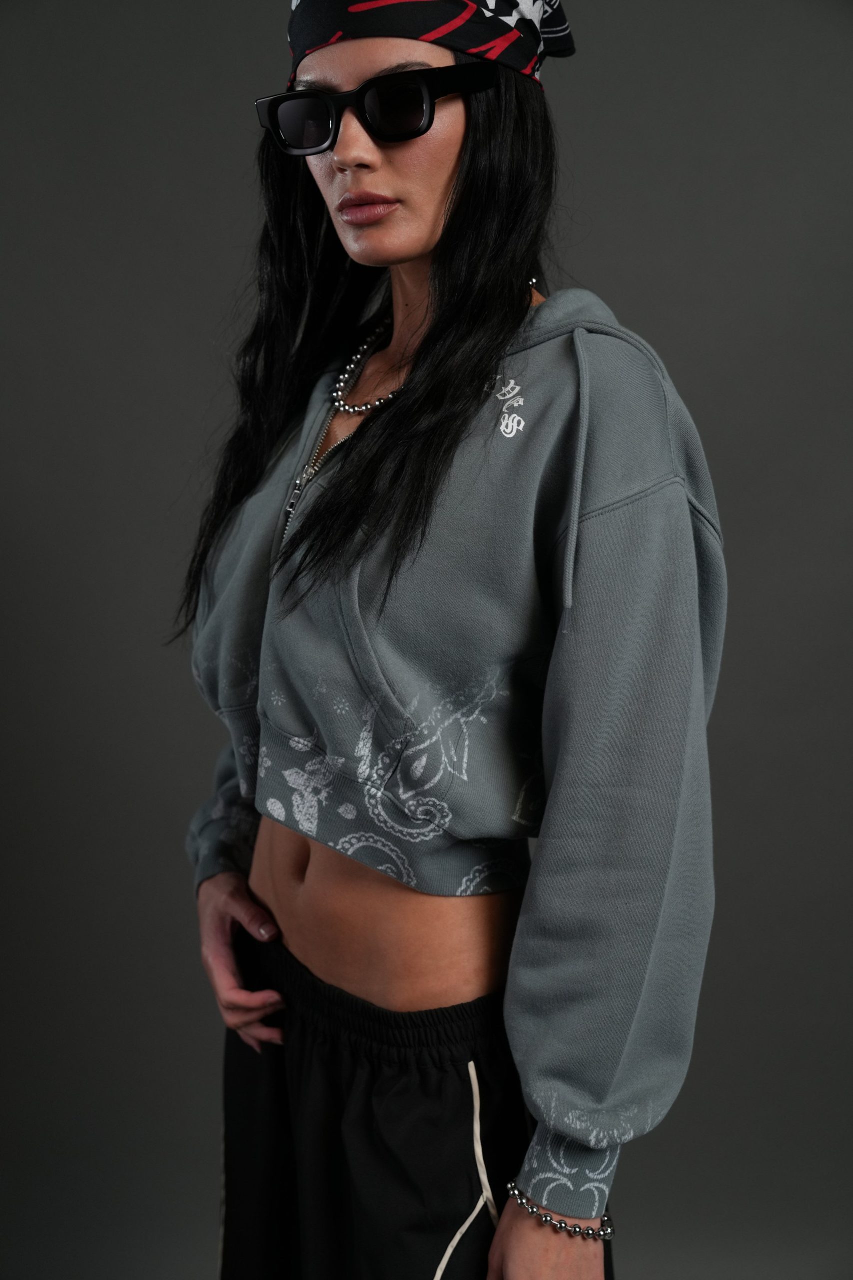 Faded Paisley Sage Cropped Zip Hoodie in Greek Stone - Image 4