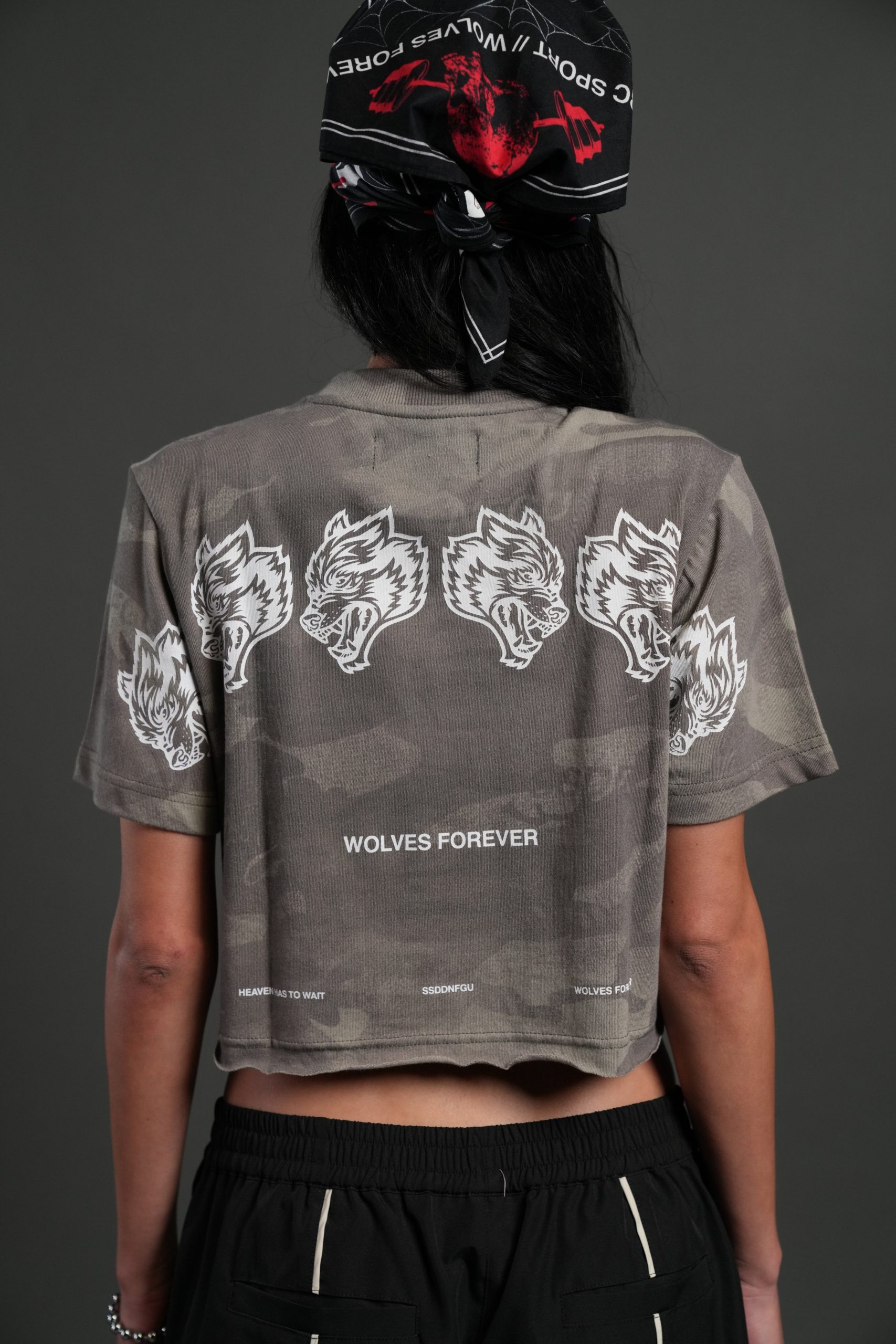 Wolves Have Your Back Premium Oversized Cropped Tee in Lush Vintage Woodland Camo - Image 3