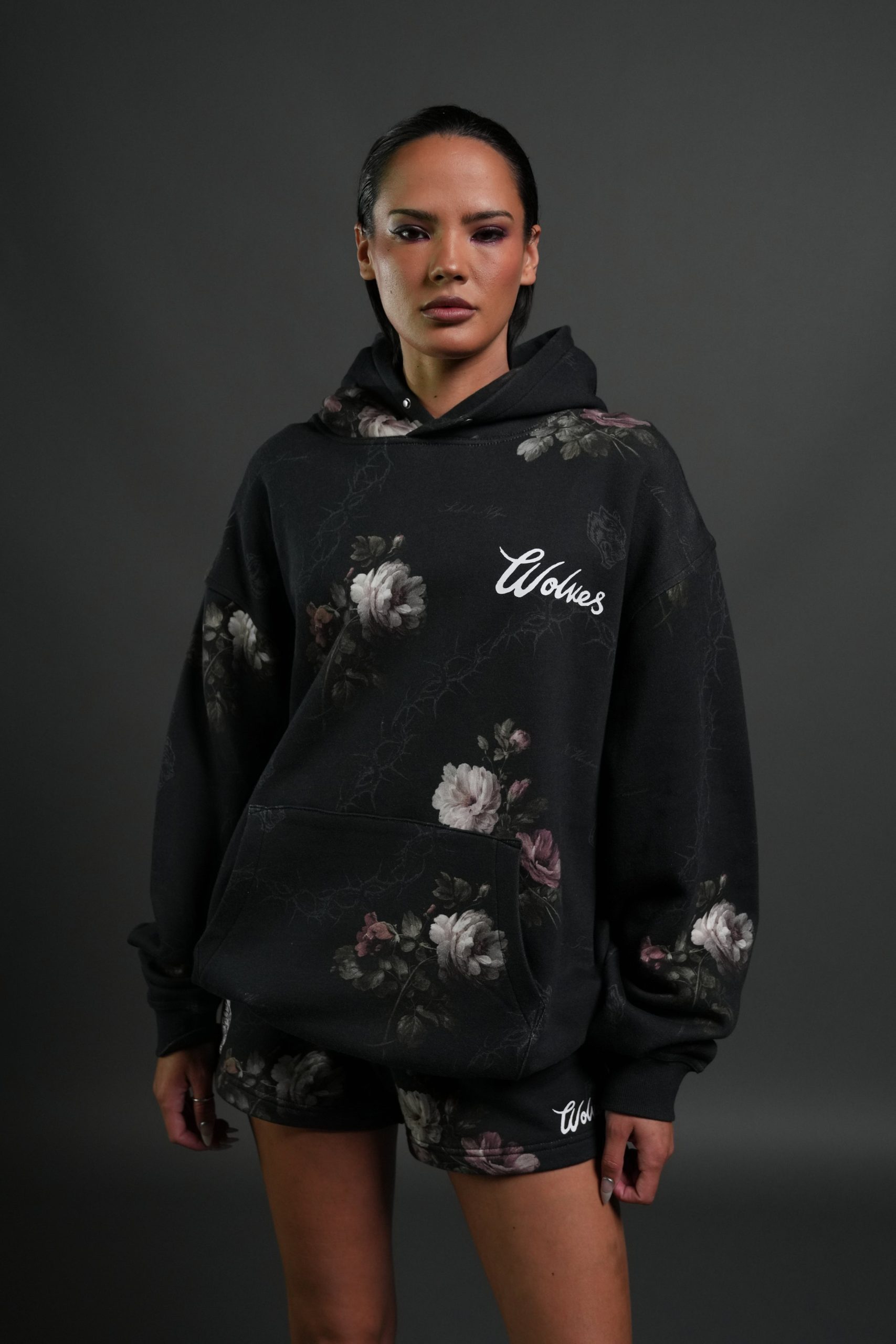 Wolves Script Pierce Hoodie in Black Rose Thorn - Image 6