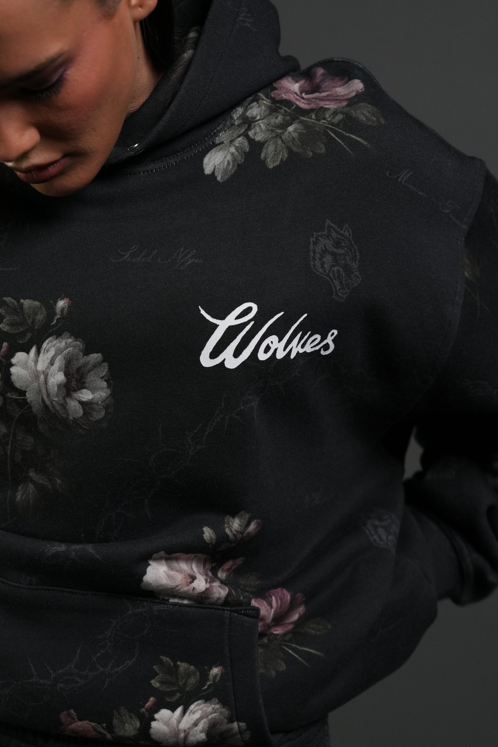 Wolves Script Pierce Hoodie in Black Rose Thorn - Image 9