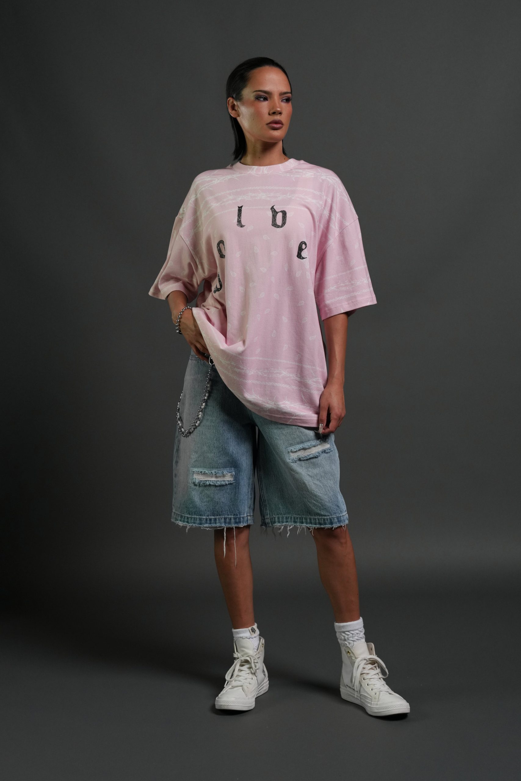 Studded Wolves Pyramid Premium Oversized Tee in Blush Pink Thorn Paisley - Image 7