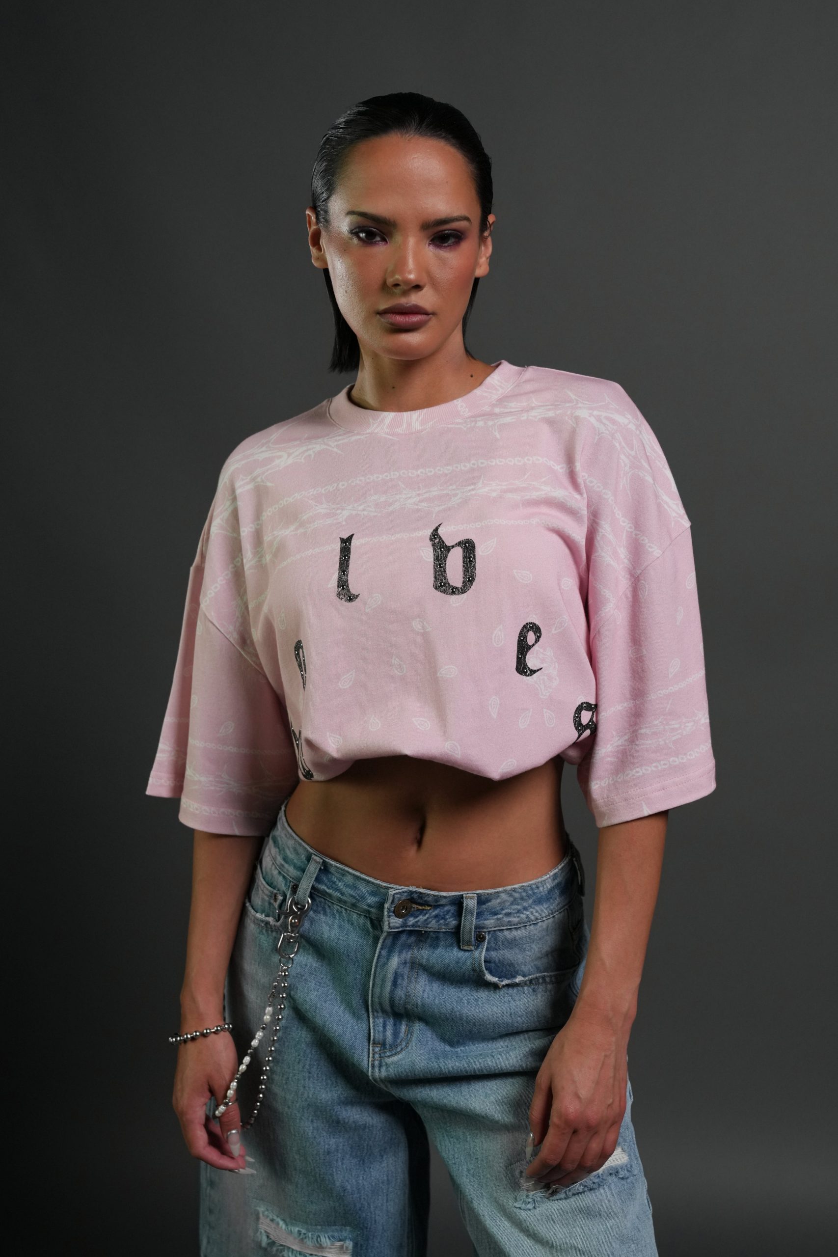 Studded Wolves Pyramid Premium Oversized Tee in Blush Pink Thorn Paisley - Image 6