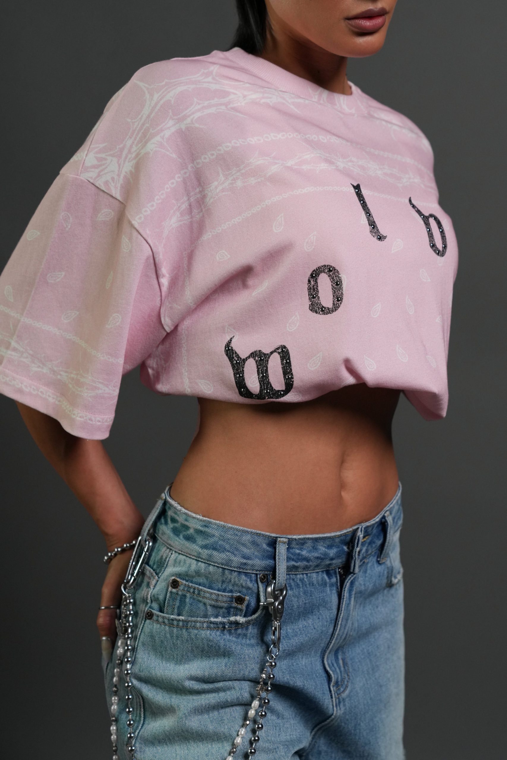 Studded Wolves Pyramid Premium Oversized Tee in Blush Pink Thorn Paisley - Image 9