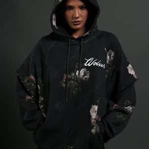 Rose Thorn Oversized Twofer Pullover Hoodie in Black Rose Thorn