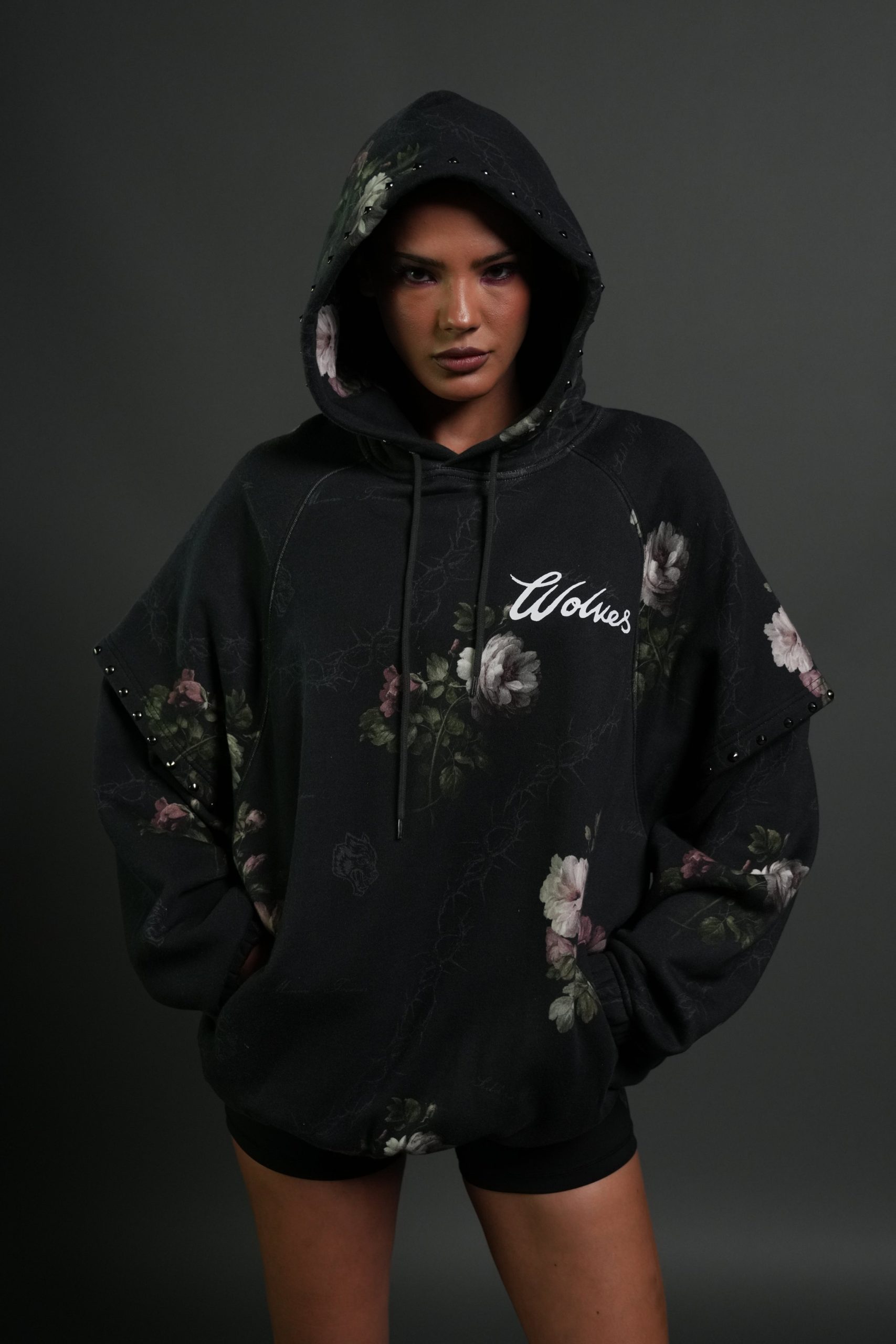 Rose Thorn Oversized Twofer Pullover Hoodie in Black Rose Thorn