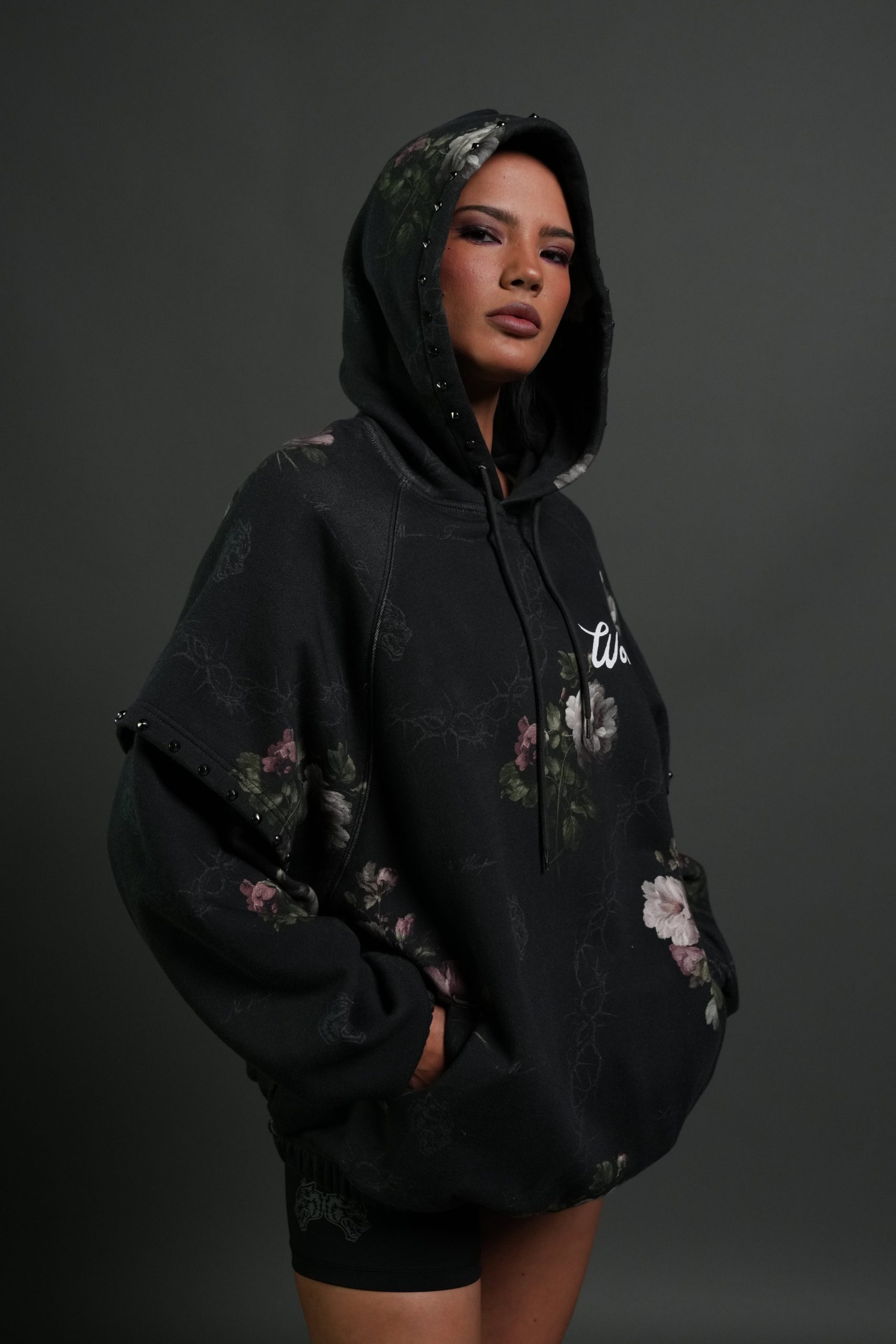 Rose Thorn Oversized Twofer Pullover Hoodie in Black Rose Thorn - Image 2