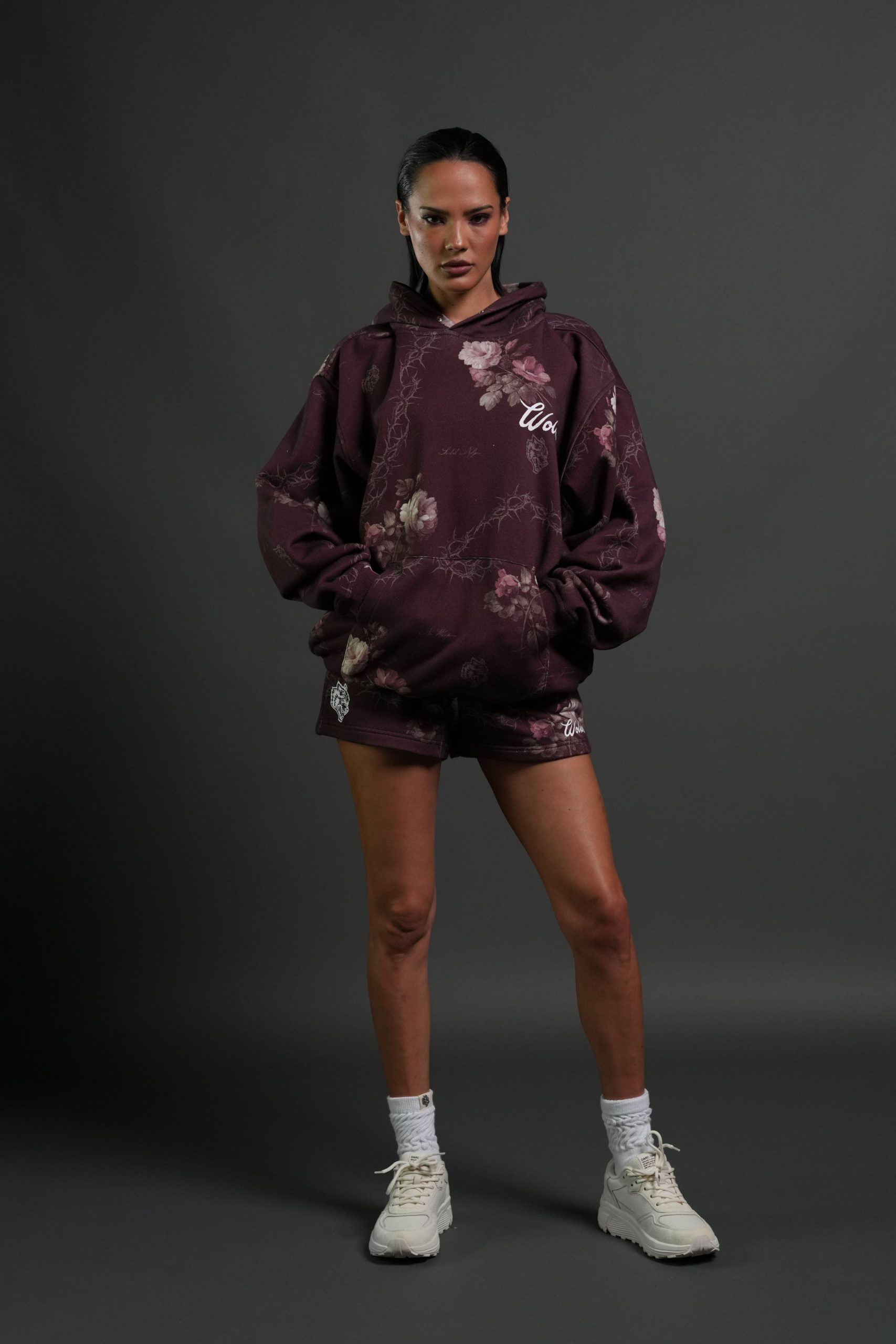 Wolves Script Pierce Hoodie in Cherry Wine Rose Thorn - Image 4