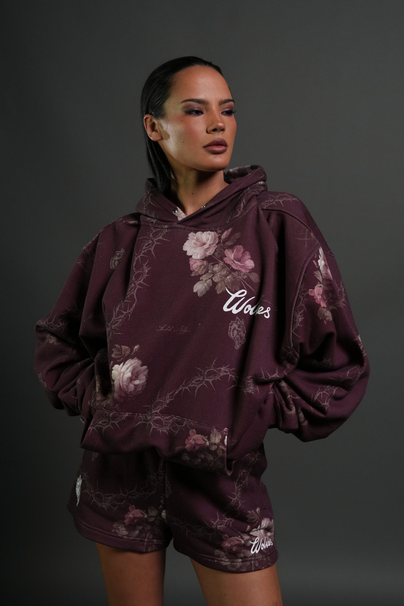 Wolves Script Pierce Hoodie in Cherry Wine Rose Thorn - Image 2