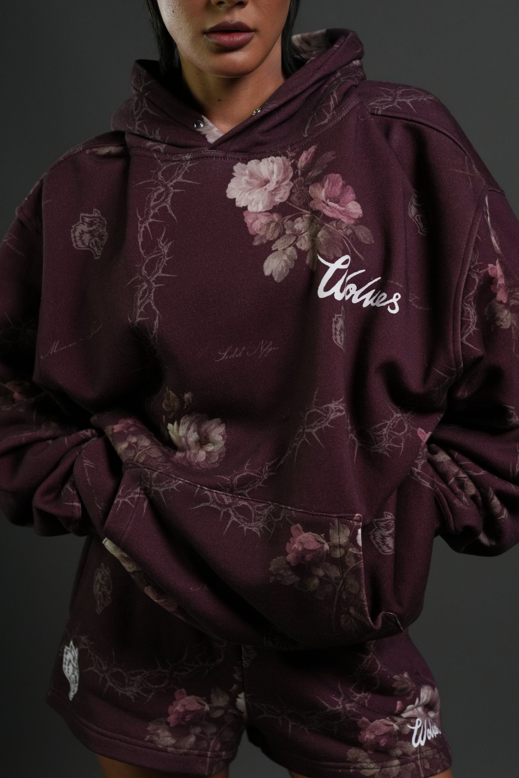 Wolves Script Pierce Hoodie in Cherry Wine Rose Thorn - Image 8
