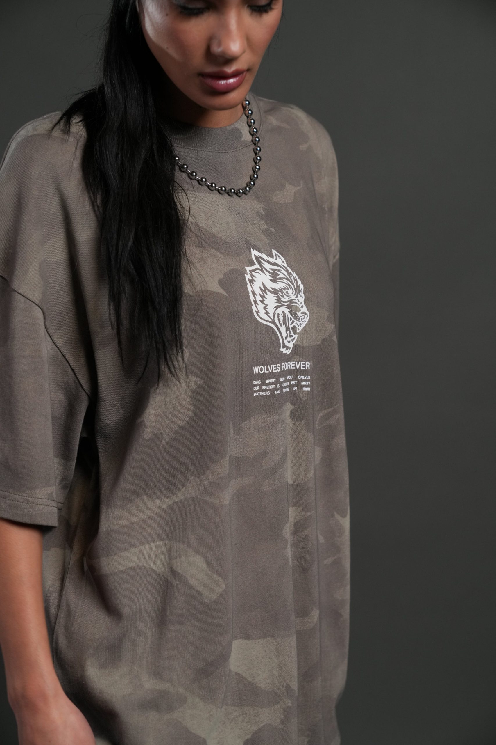 Wolves Have Your Back Unisex Premium Oversized Tee in Lush Vintage Woodland Camo - Image 7