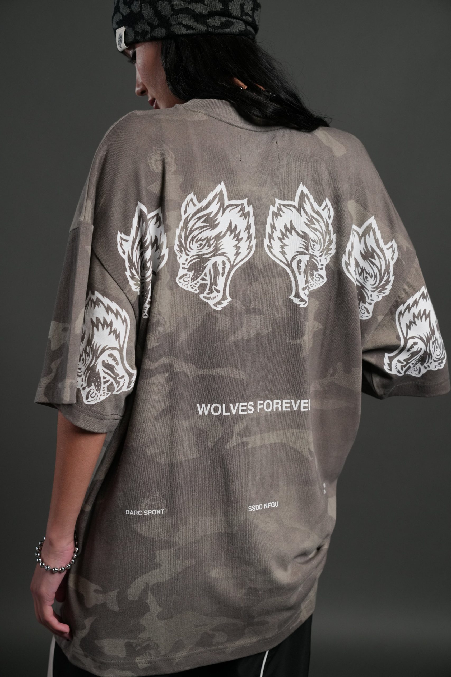 Wolves Have Your Back Unisex Premium Oversized Tee in Lush Vintage Woodland Camo - Image 8