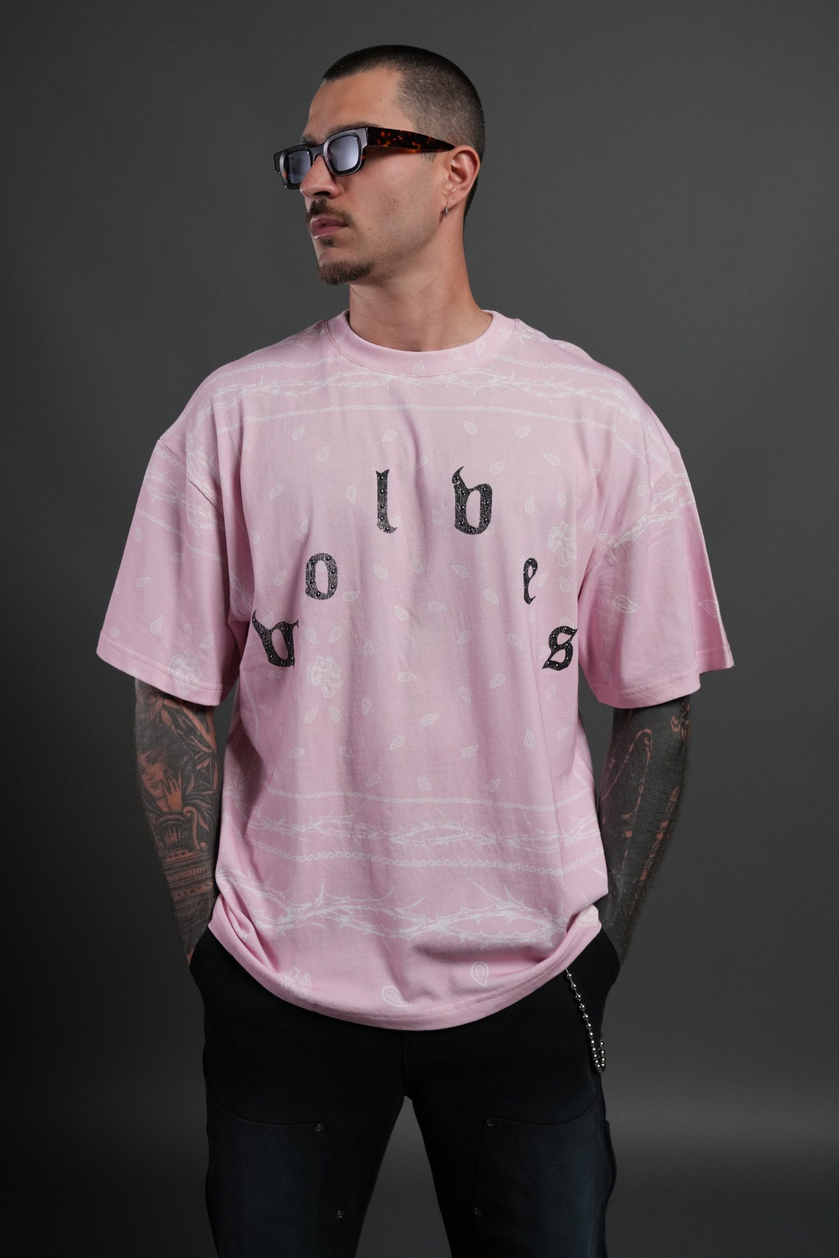 Studded Wolves Pyramid Premium Oversized Tee in Blush Pink Thorn Paisley - Image 2