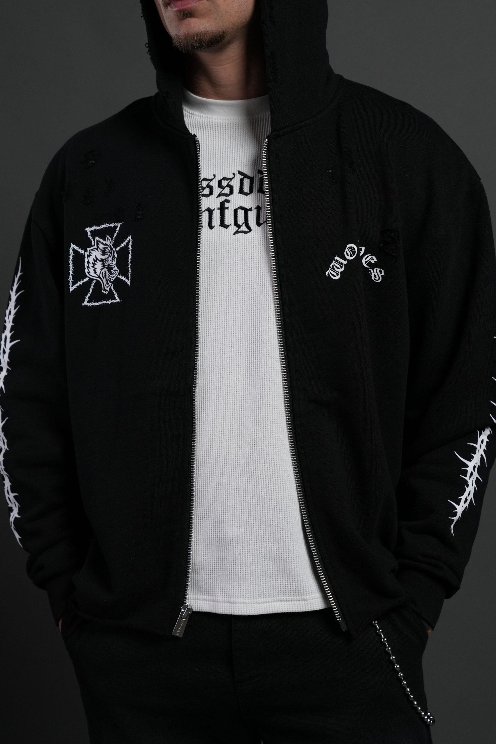 Ascend Distressed Grunge Mid Length Raw Hem Zip Hoodie in Black - Image 6