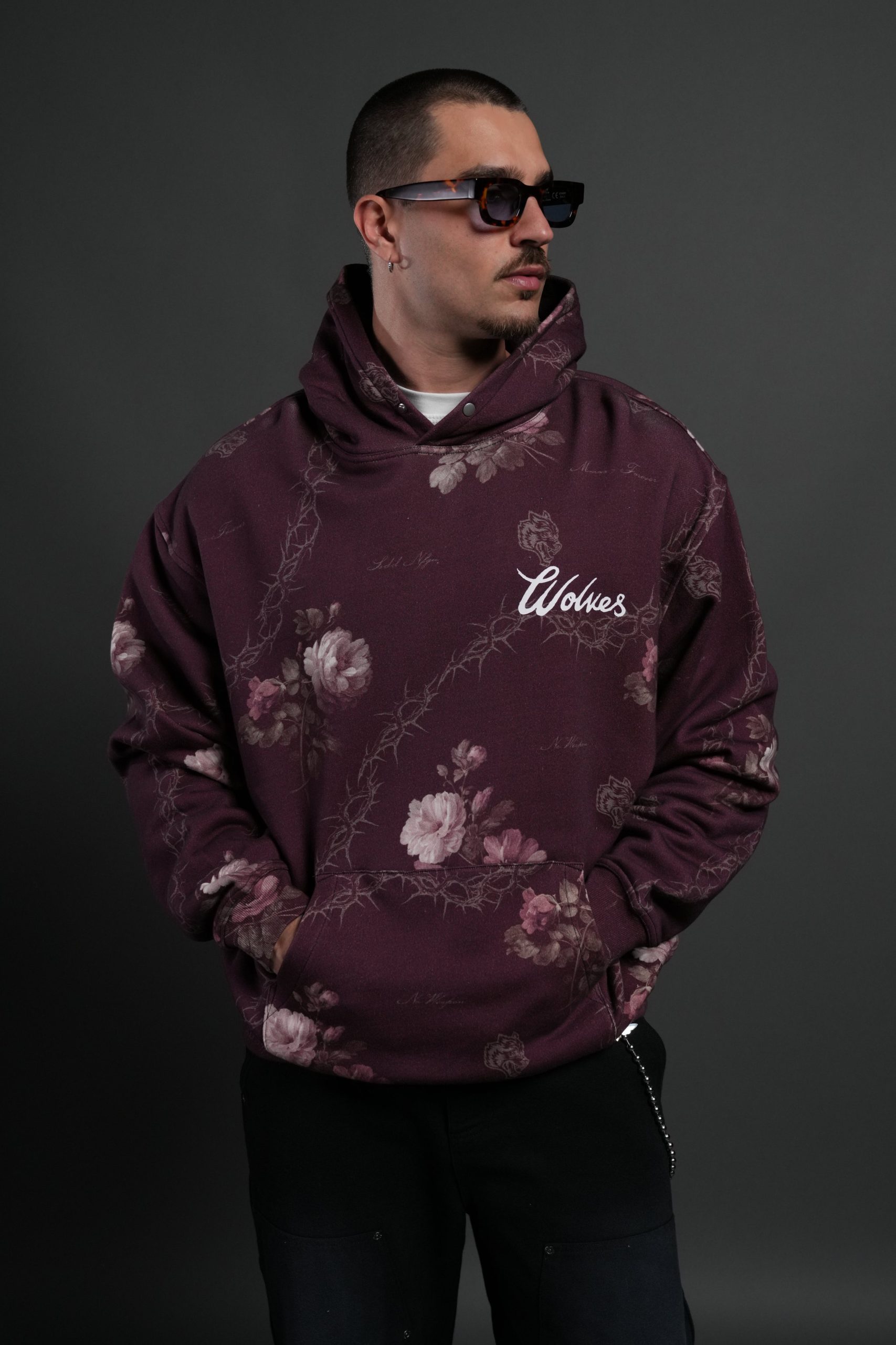 Wolves Script Pierce Hoodie in Cherry Wine Rose Thorn - Image 9
