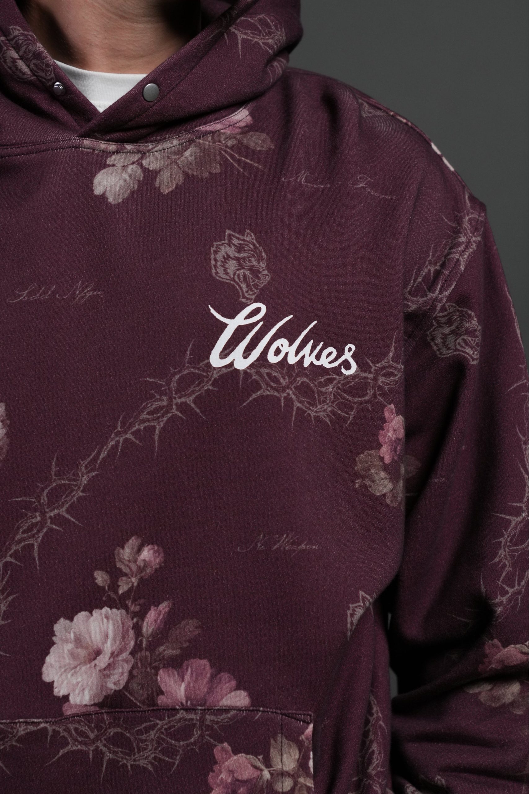 Wolves Script Pierce Hoodie in Cherry Wine Rose Thorn - Image 10