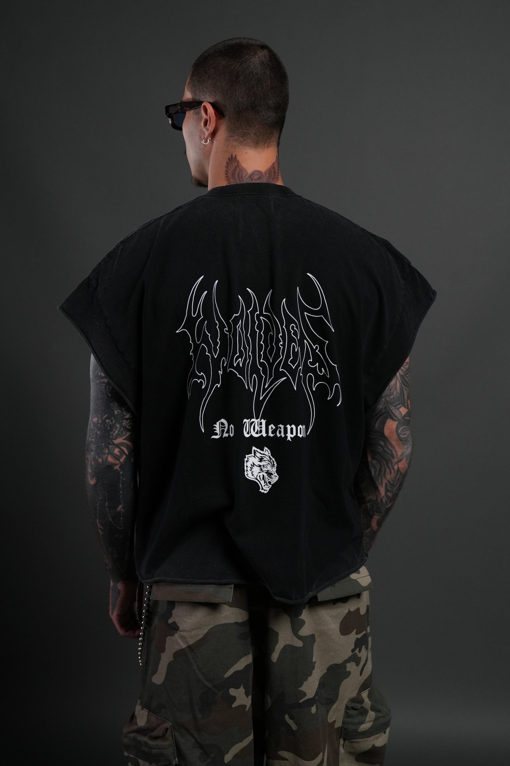 Rise Above Distressed Grunge Cut-Off Tee in Black - Image 2