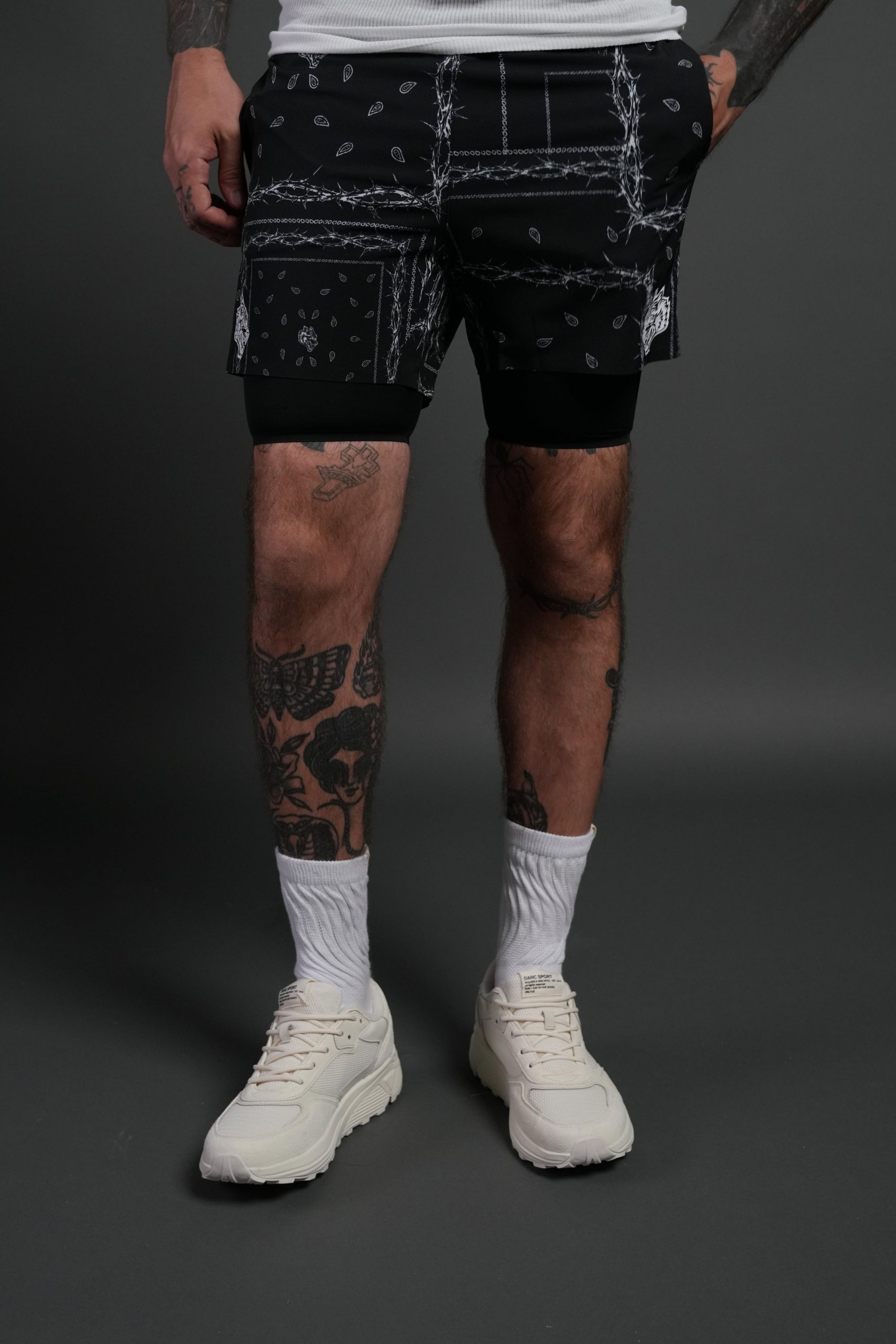 Dual Compression Shorts in Black/White Thorn Paisley - Image 2