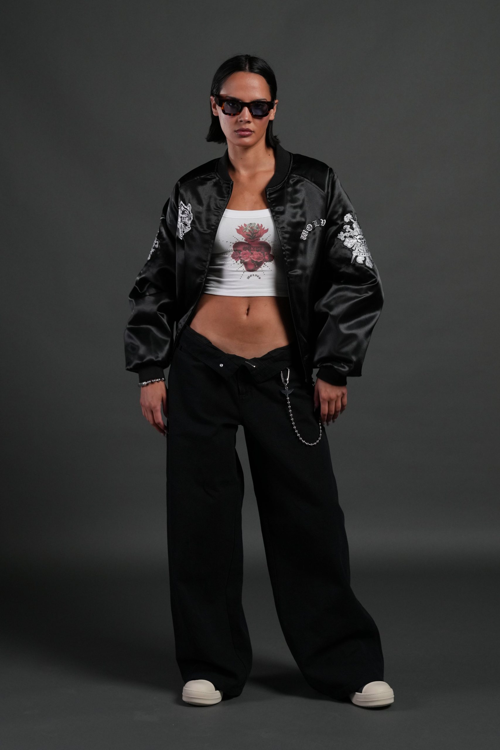Last Love Unisex Cropped Satin Bomber Jacket in Black - Image 11