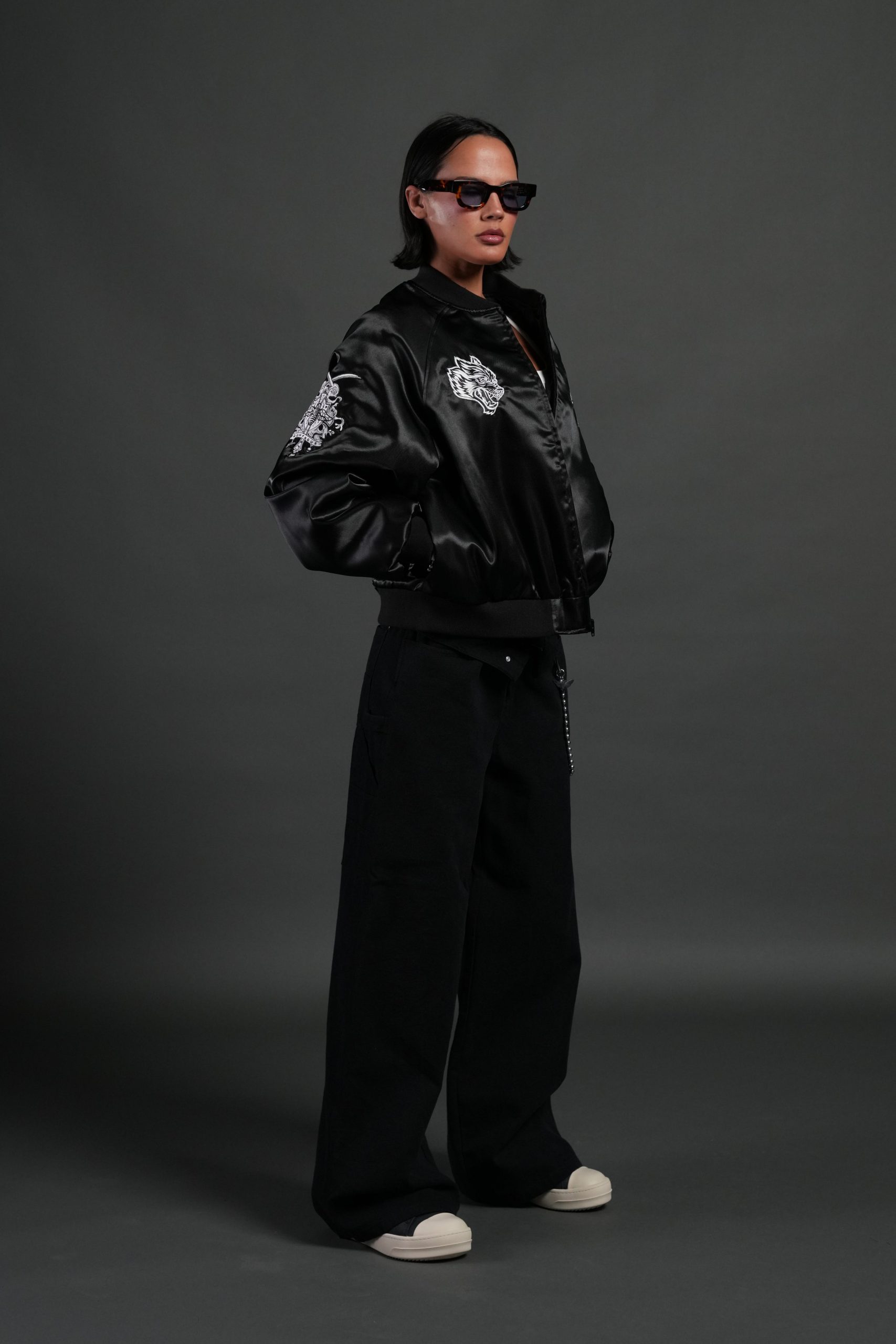 Last Love Unisex Cropped Satin Bomber Jacket in Black - Image 12
