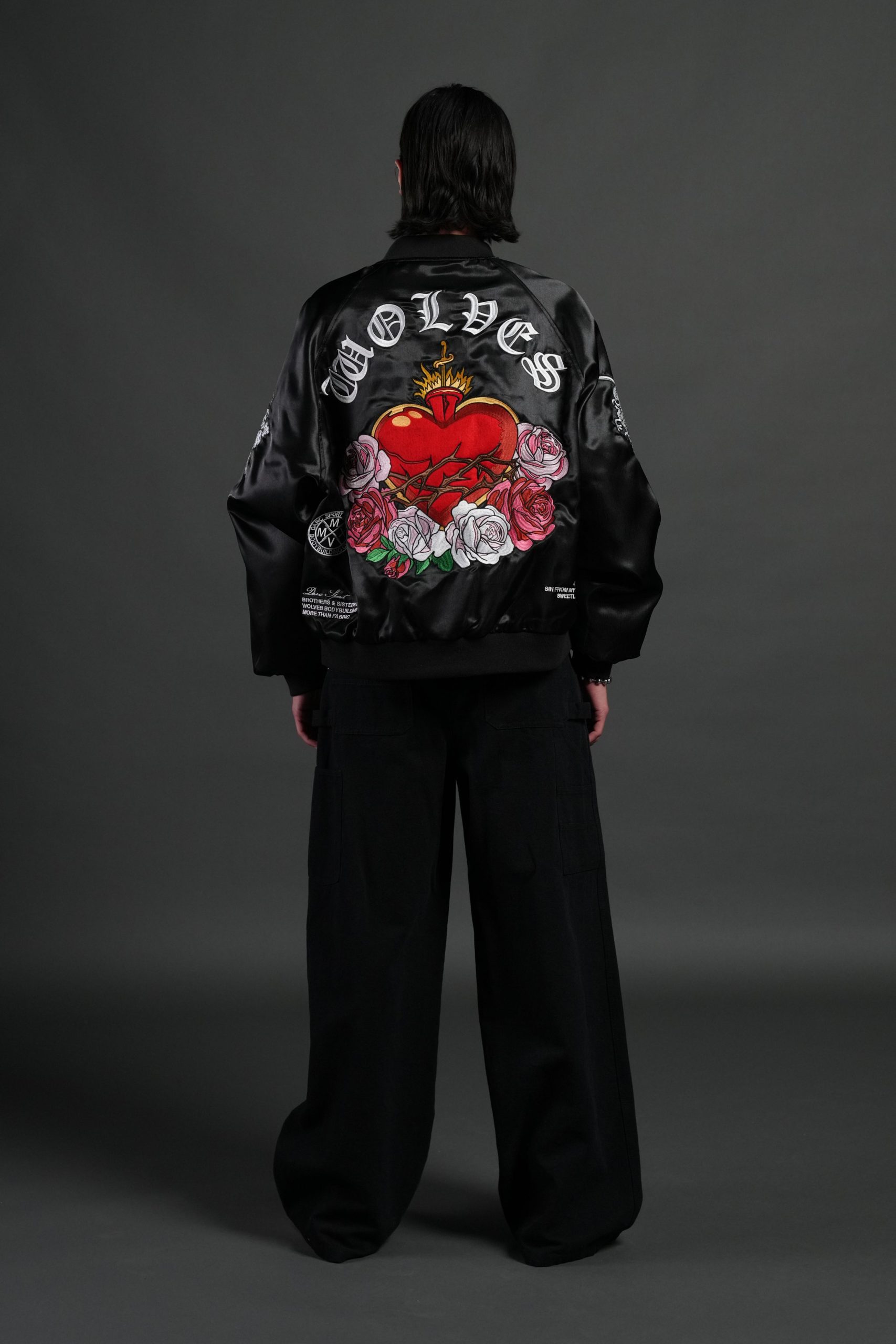 Last Love Unisex Cropped Satin Bomber Jacket in Black - Image 13