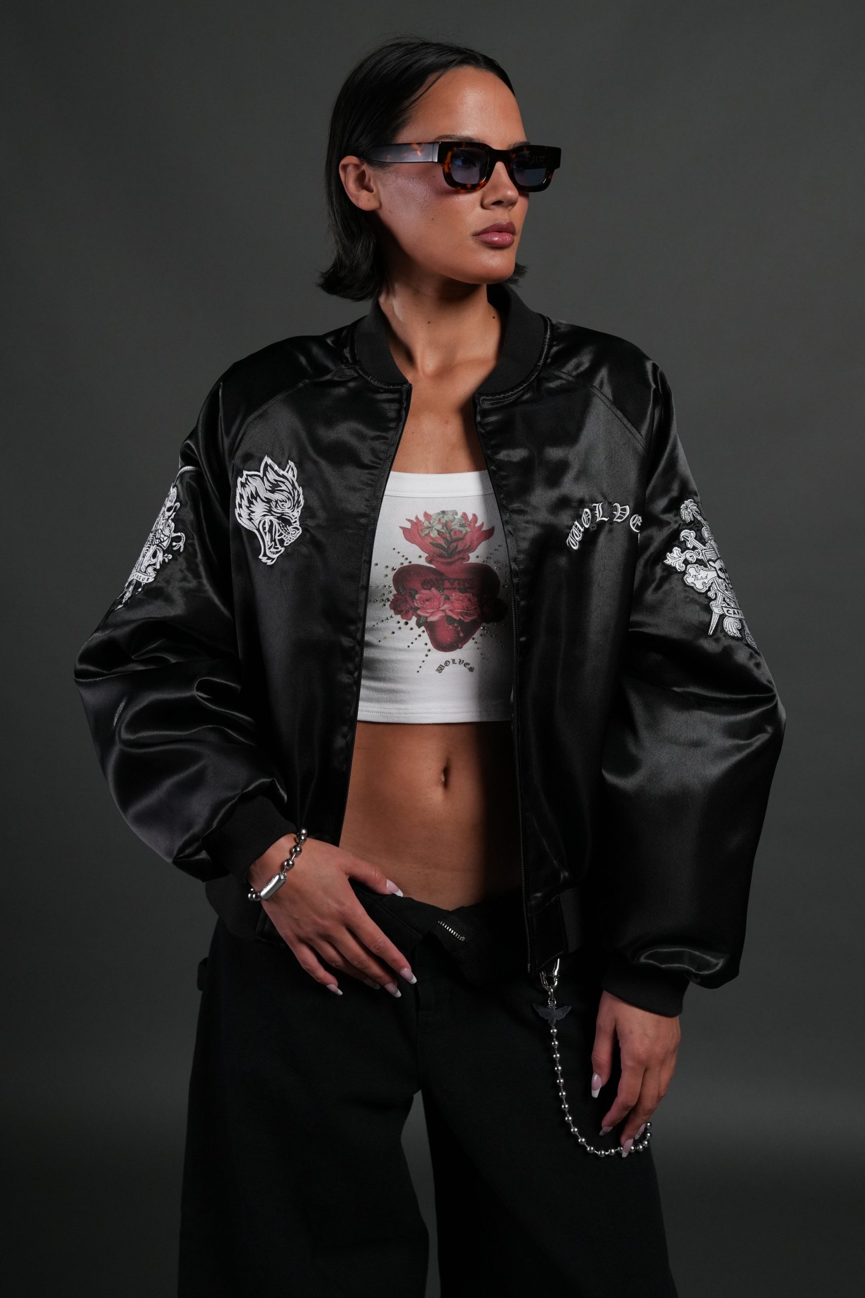 Last Love Unisex Cropped Satin Bomber Jacket in Black - Image 9