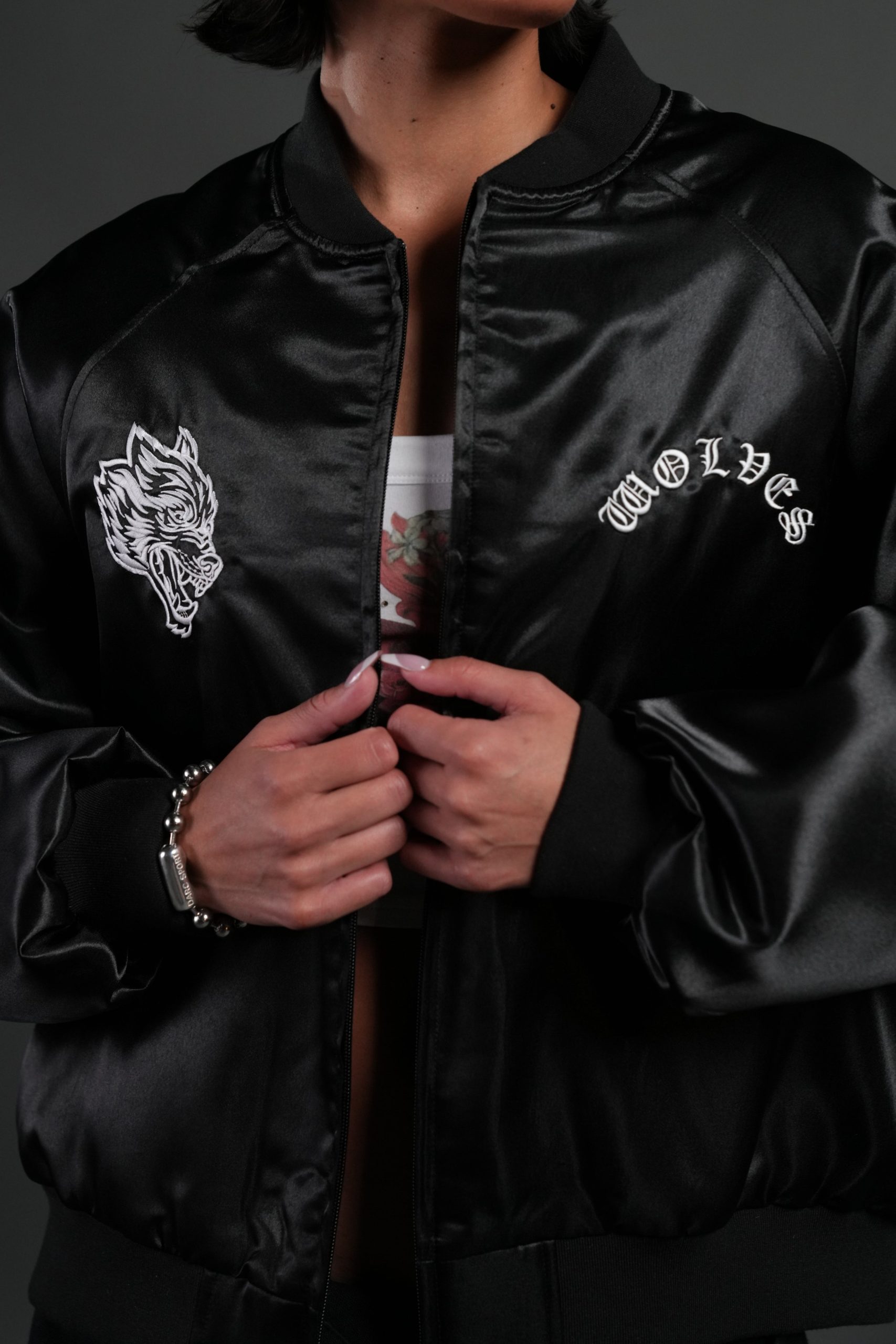 Last Love Unisex Cropped Satin Bomber Jacket in Black - Image 14