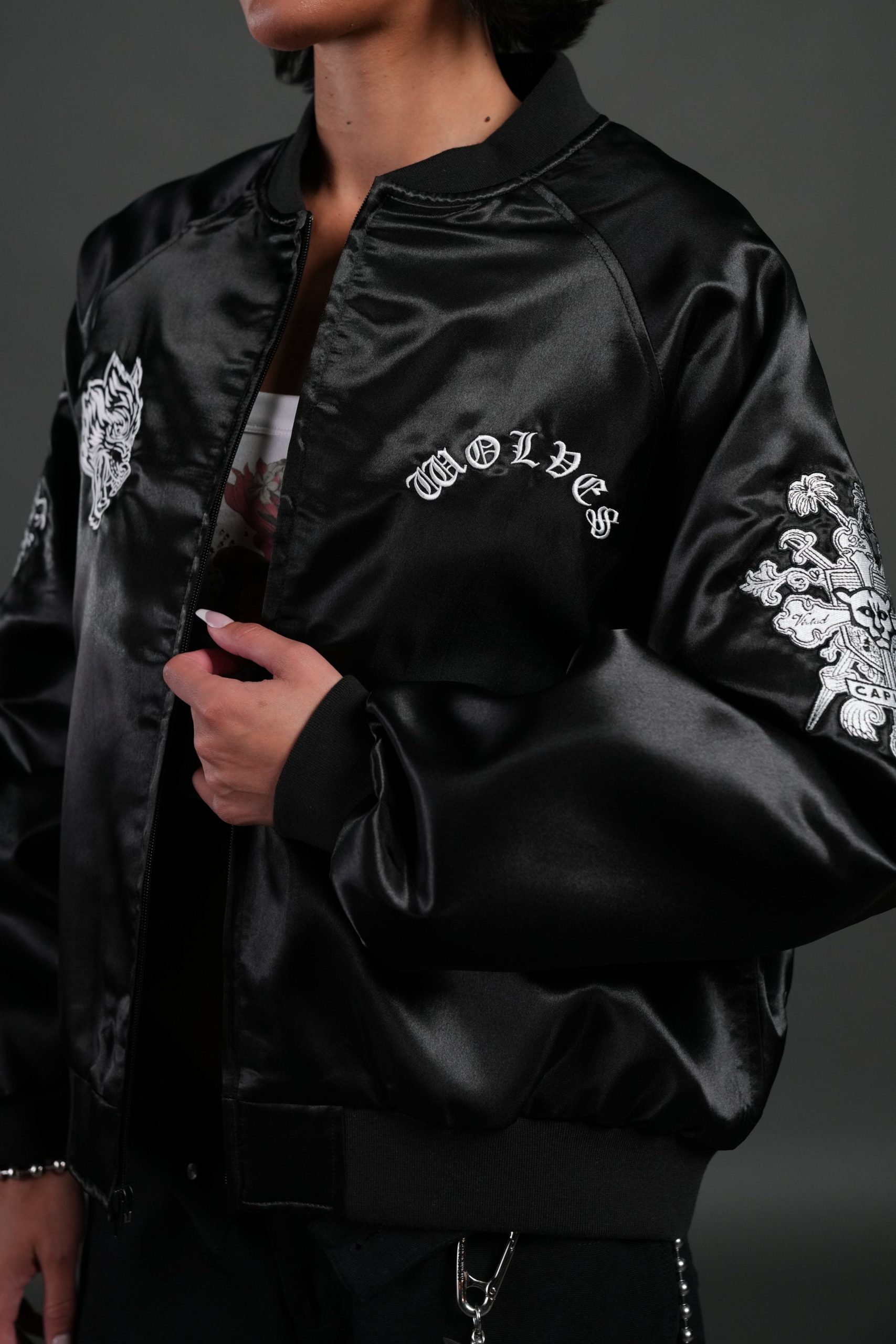 Last Love Unisex Cropped Satin Bomber Jacket in Black - Image 15