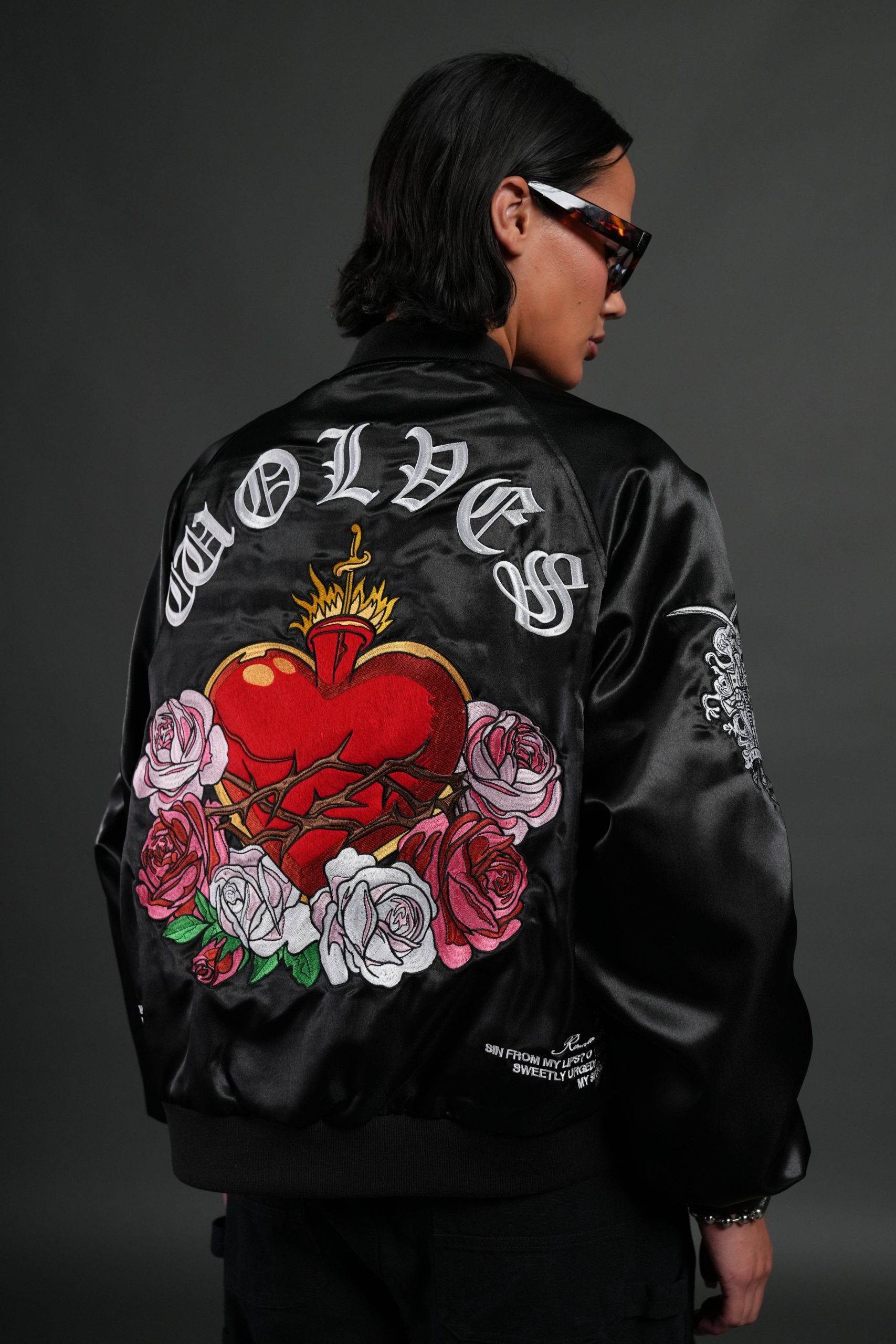 Last Love Unisex Cropped Satin Bomber Jacket in Black - Image 10