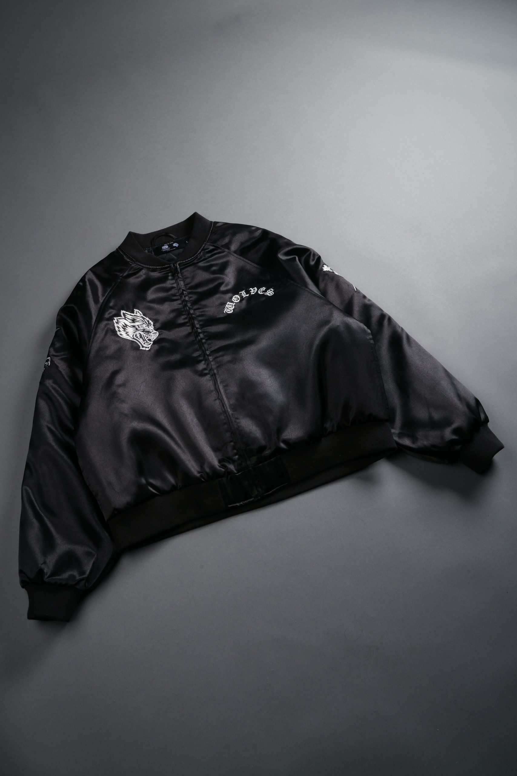 Last Love Unisex Cropped Satin Bomber Jacket in Black - Image 16