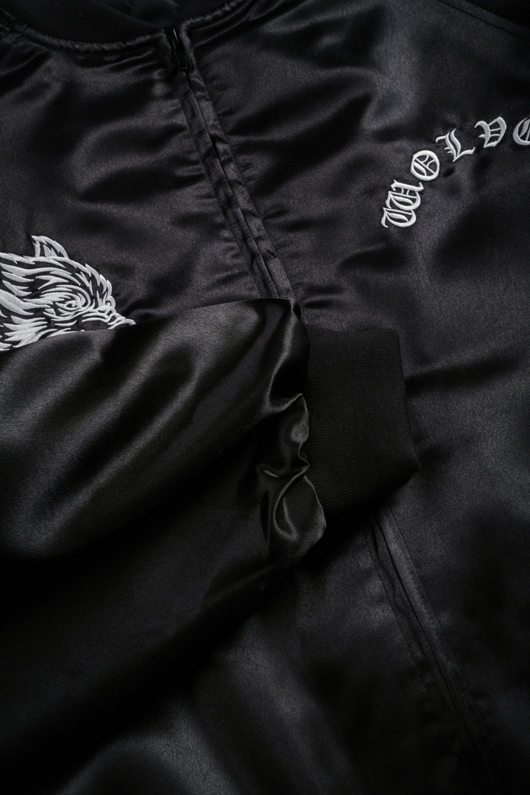 Last Love Unisex Cropped Satin Bomber Jacket in Black - Image 18