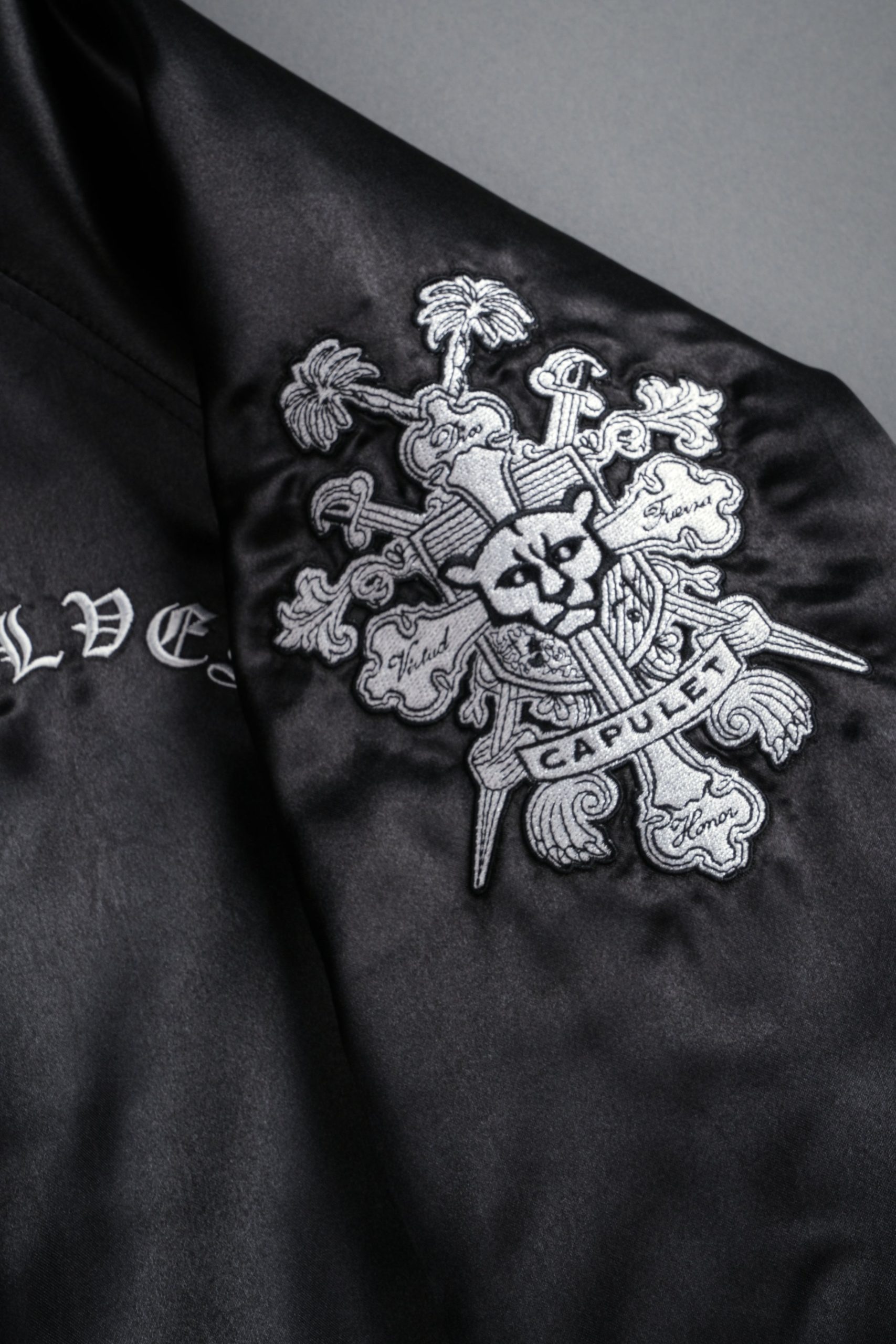 Last Love Unisex Cropped Satin Bomber Jacket in Black - Image 21