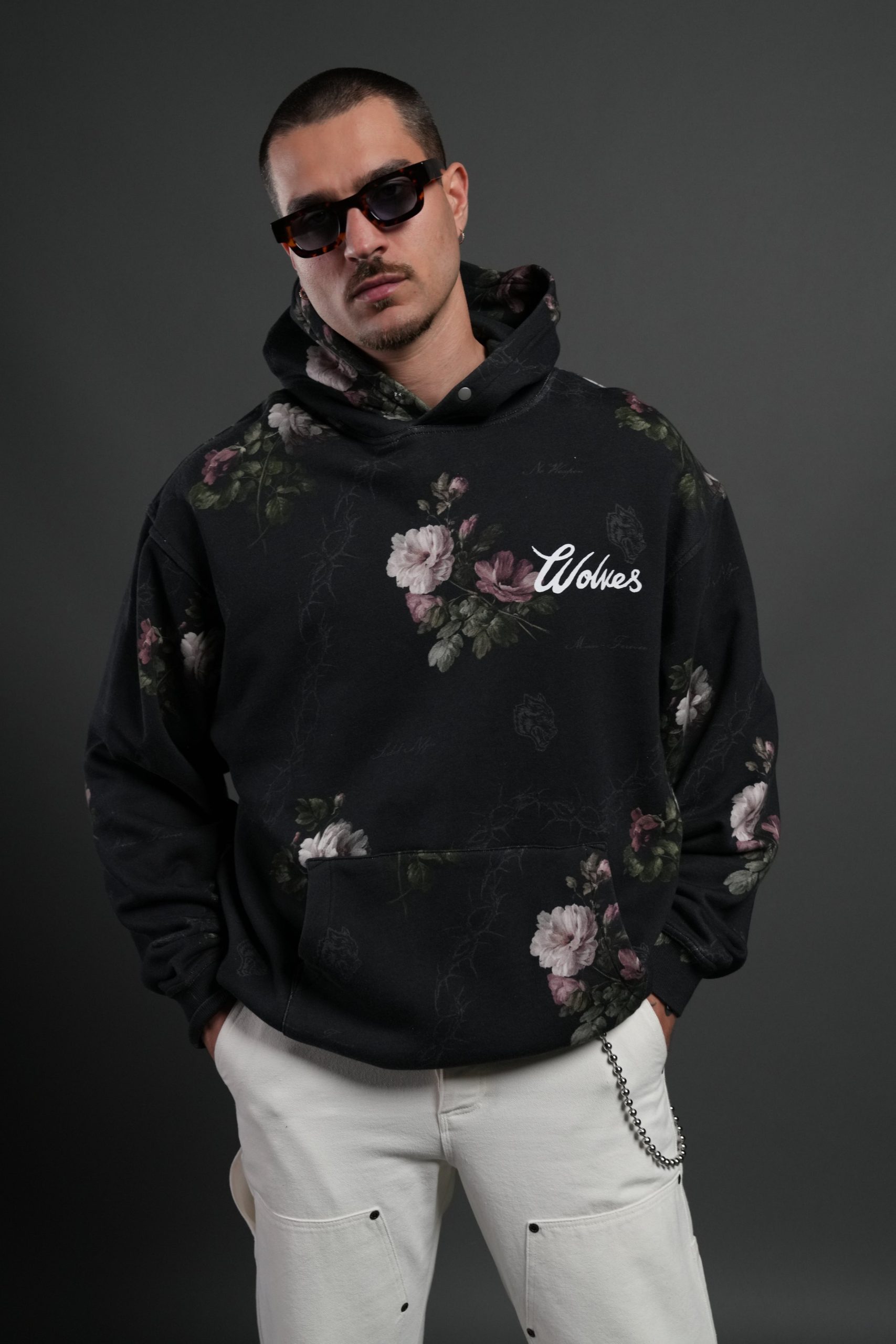 Wolves Script Pierce Hoodie in Black Rose Thorn - Image 2