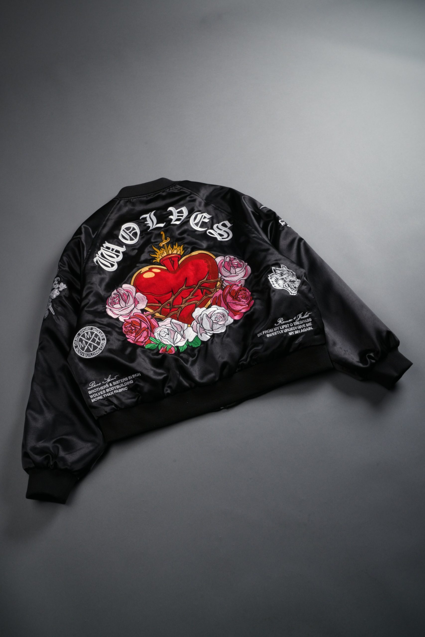 Last Love Unisex Cropped Satin Bomber Jacket in Black - Image 23