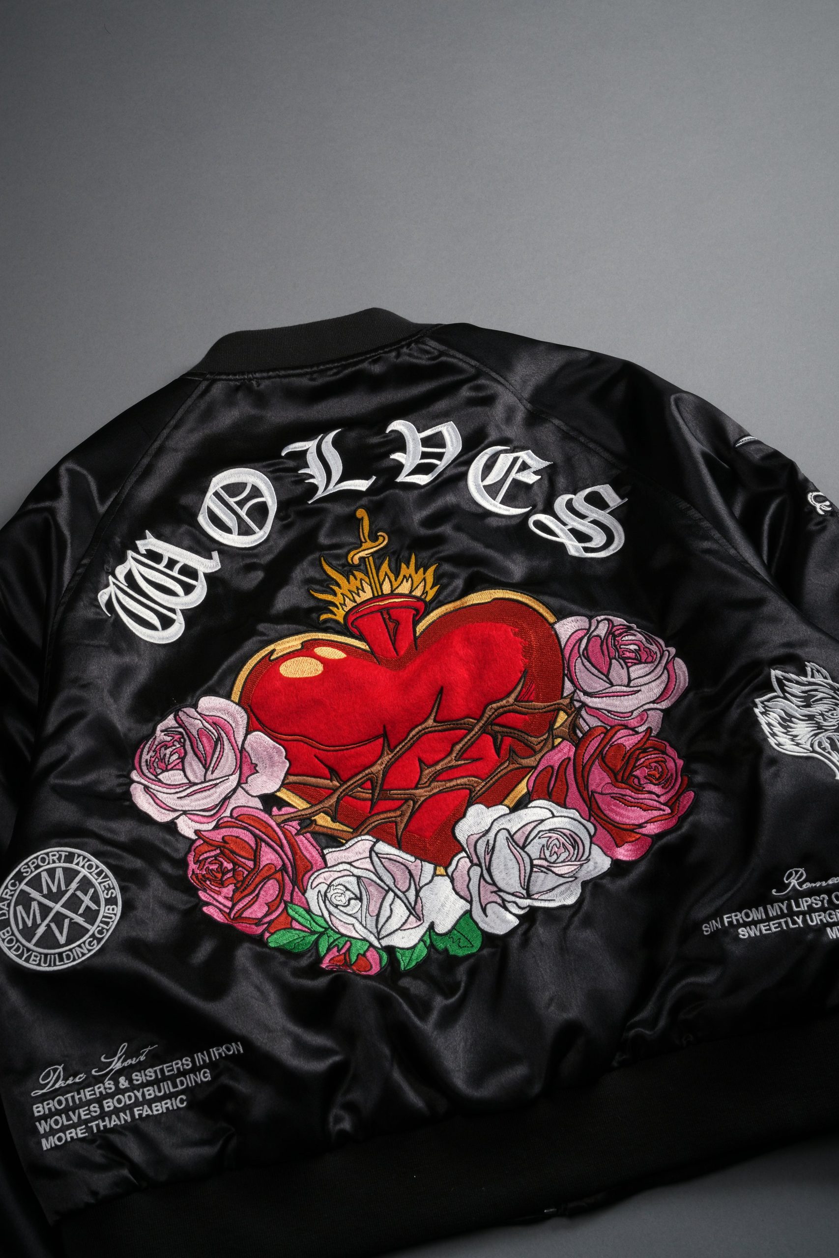 Last Love Unisex Cropped Satin Bomber Jacket in Black - Image 24