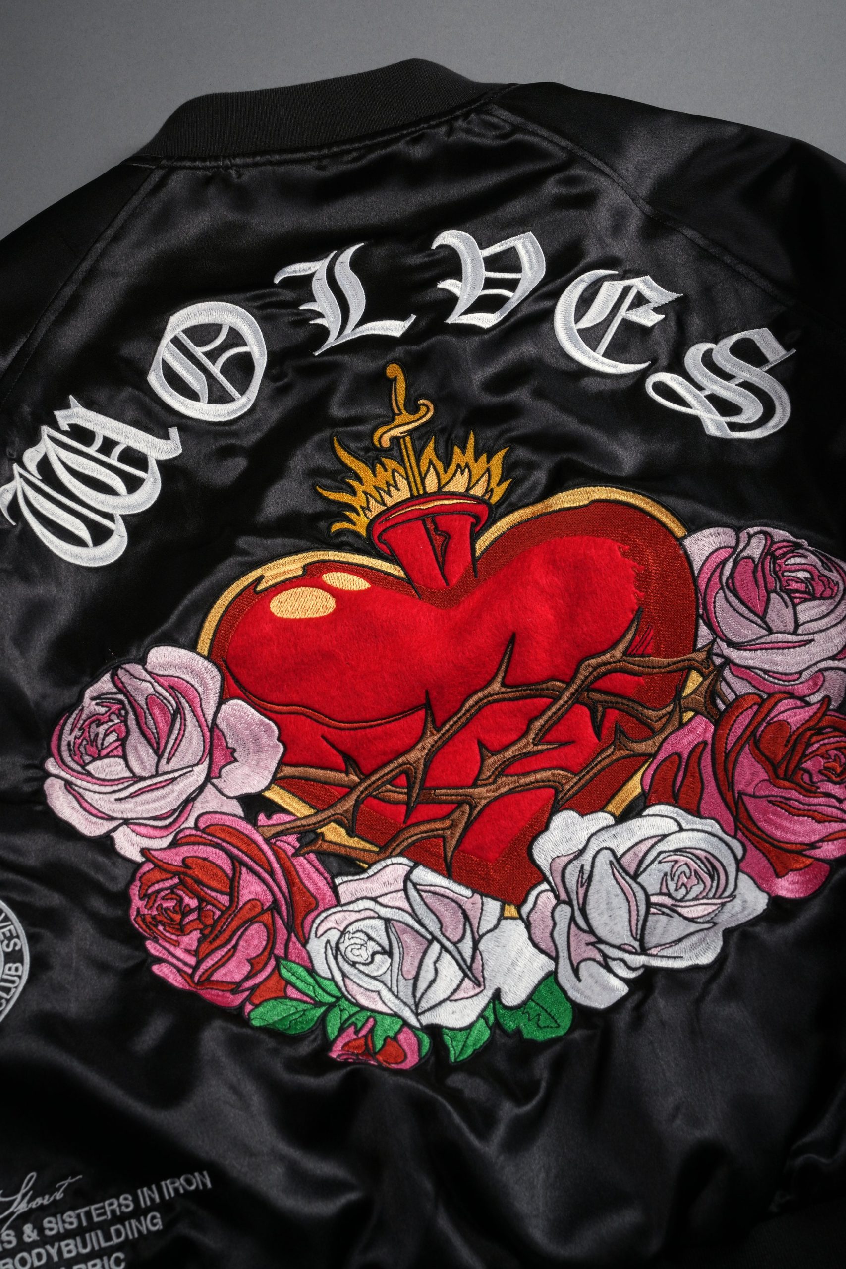 Last Love Unisex Cropped Satin Bomber Jacket in Black - Image 25