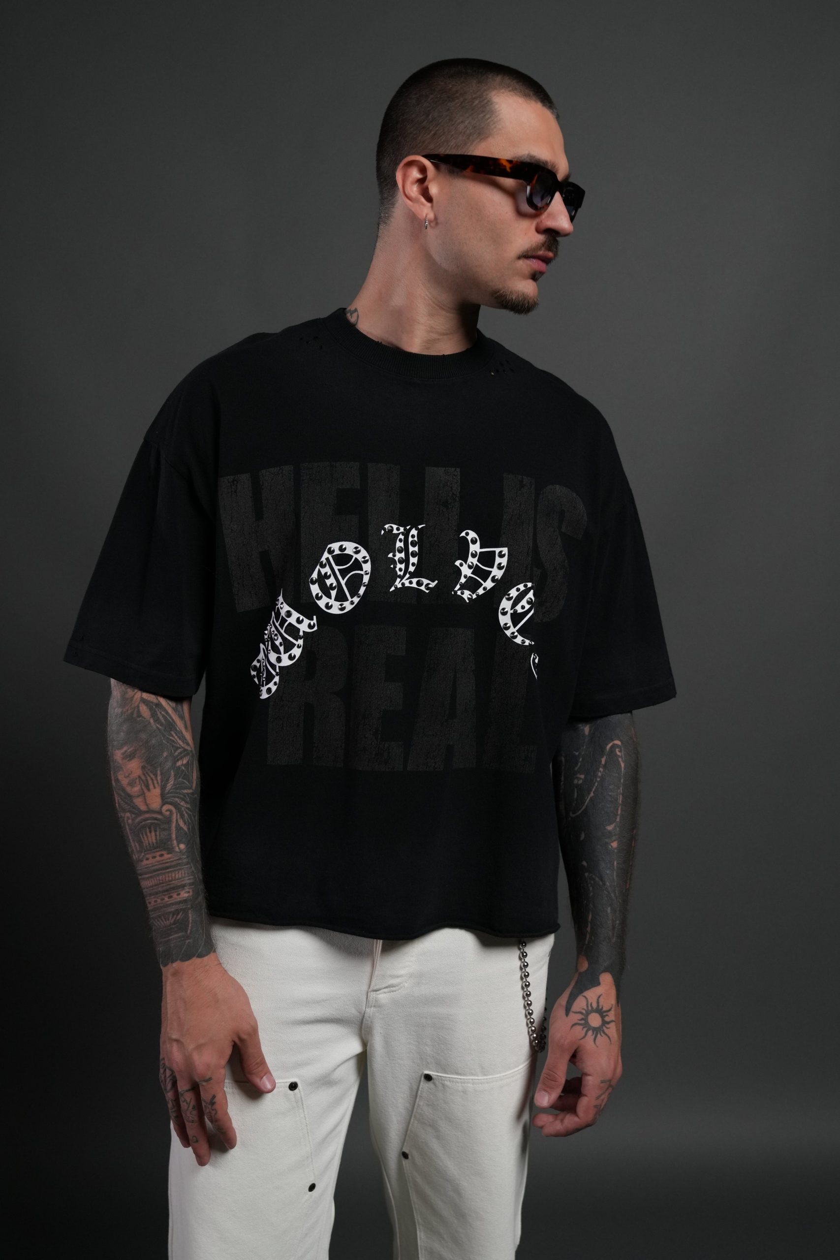 Hell is Real Distressed Grunge Box Cut Tee V2 in Black Drift Wash - Image 4