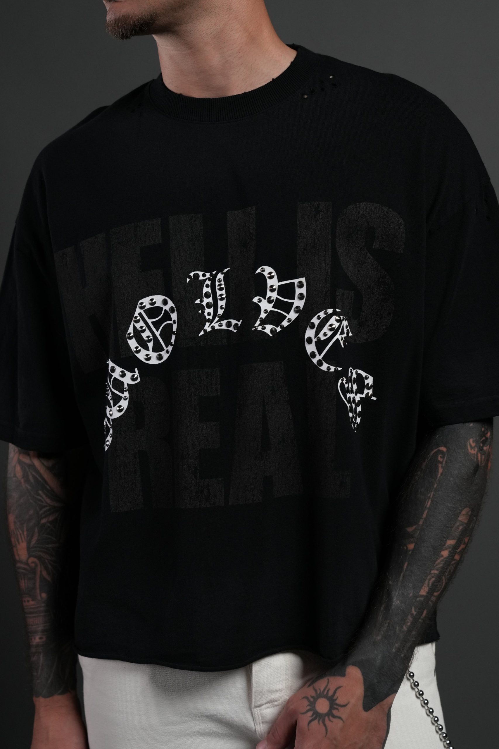 Hell is Real Distressed Grunge Box Cut Tee V2 in Black Drift Wash - Image 7