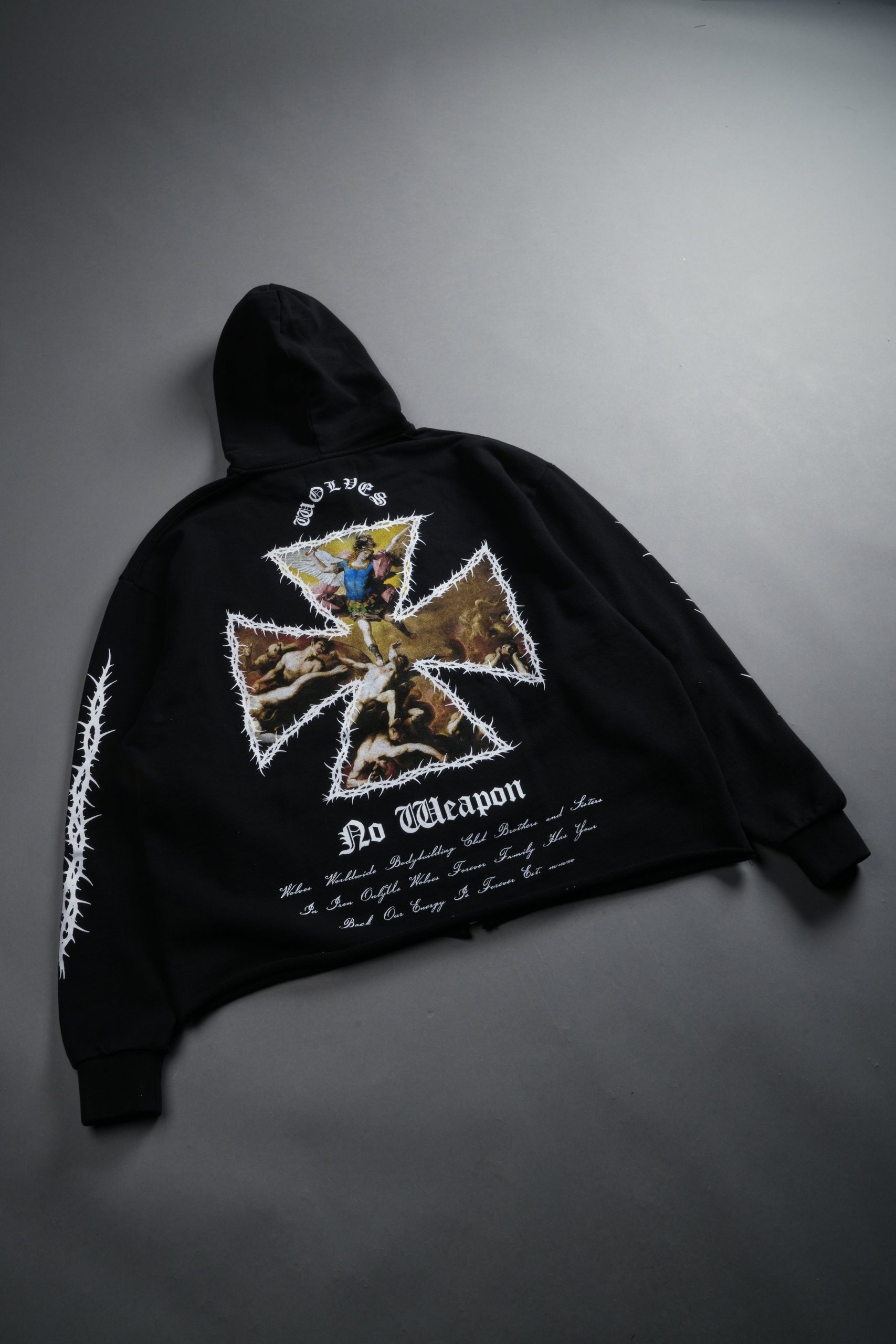 Ascend Distressed Grunge Mid Length Raw Hem Zip Hoodie in Black - Image 14