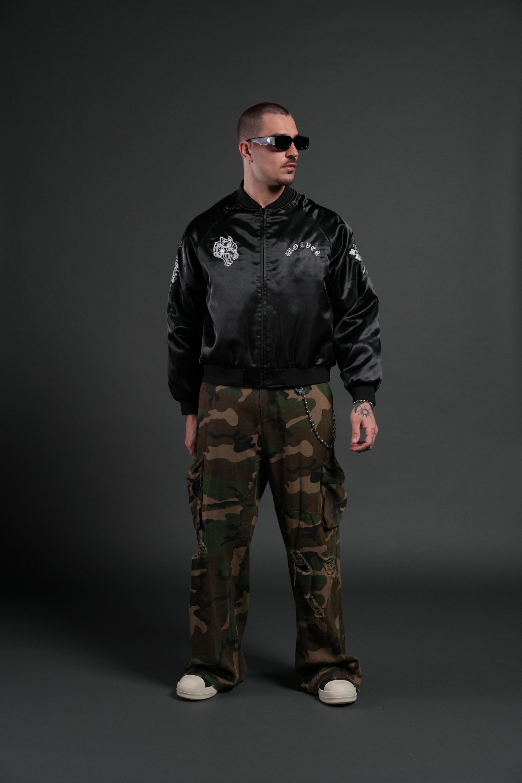 Last Love Unisex Cropped Satin Bomber Jacket in Black - Image 5