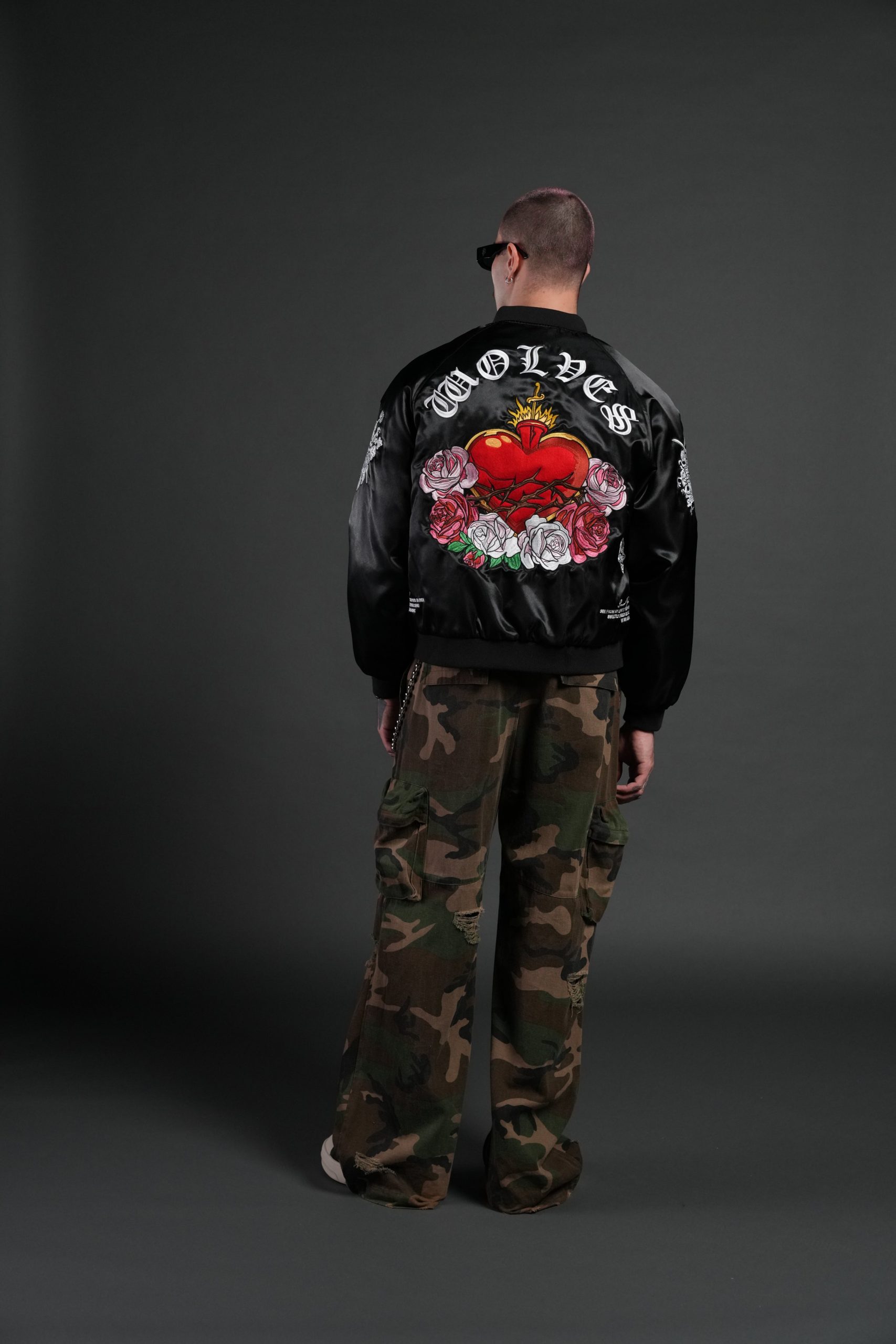 Last Love Unisex Cropped Satin Bomber Jacket in Black - Image 6