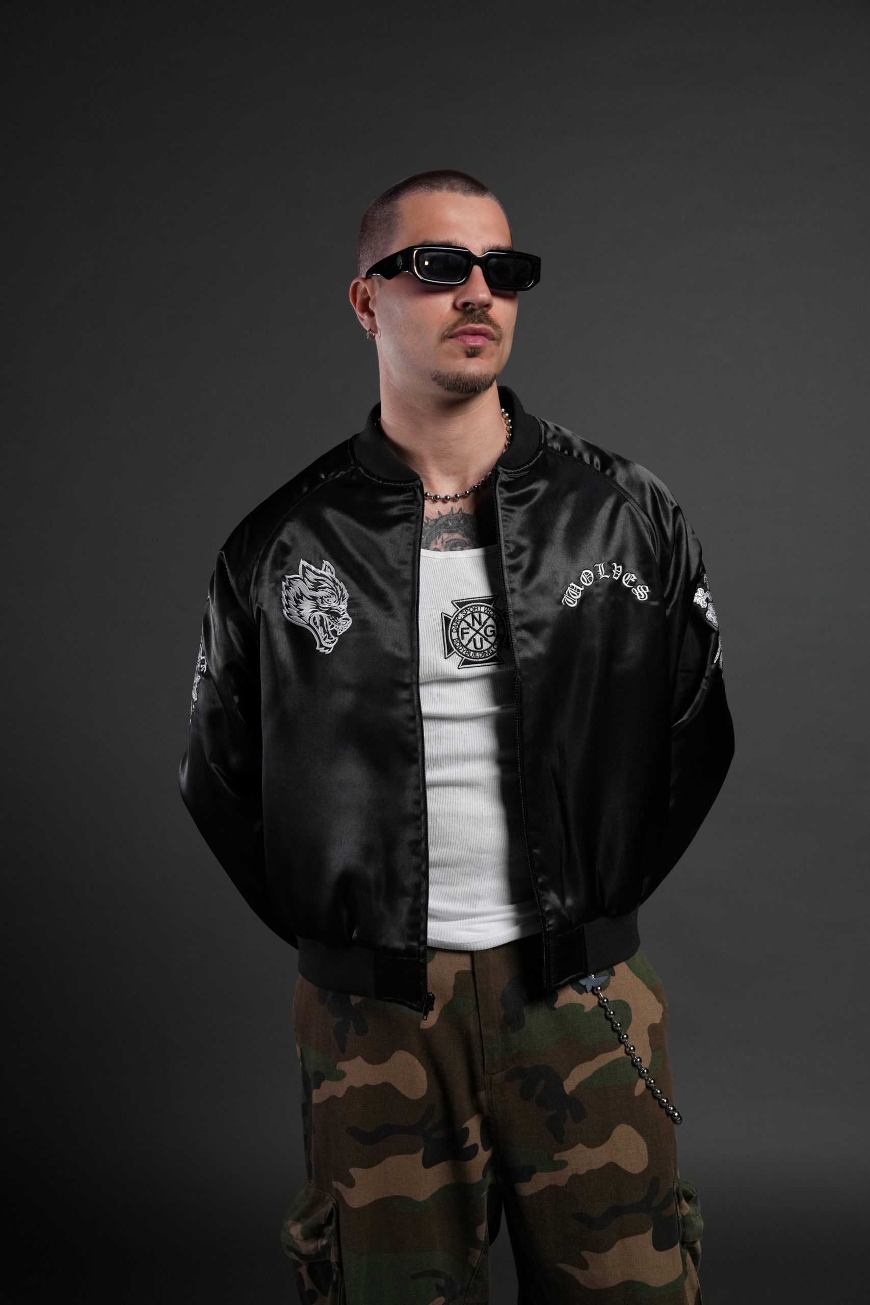 Last Love Unisex Cropped Satin Bomber Jacket in Black - Image 2