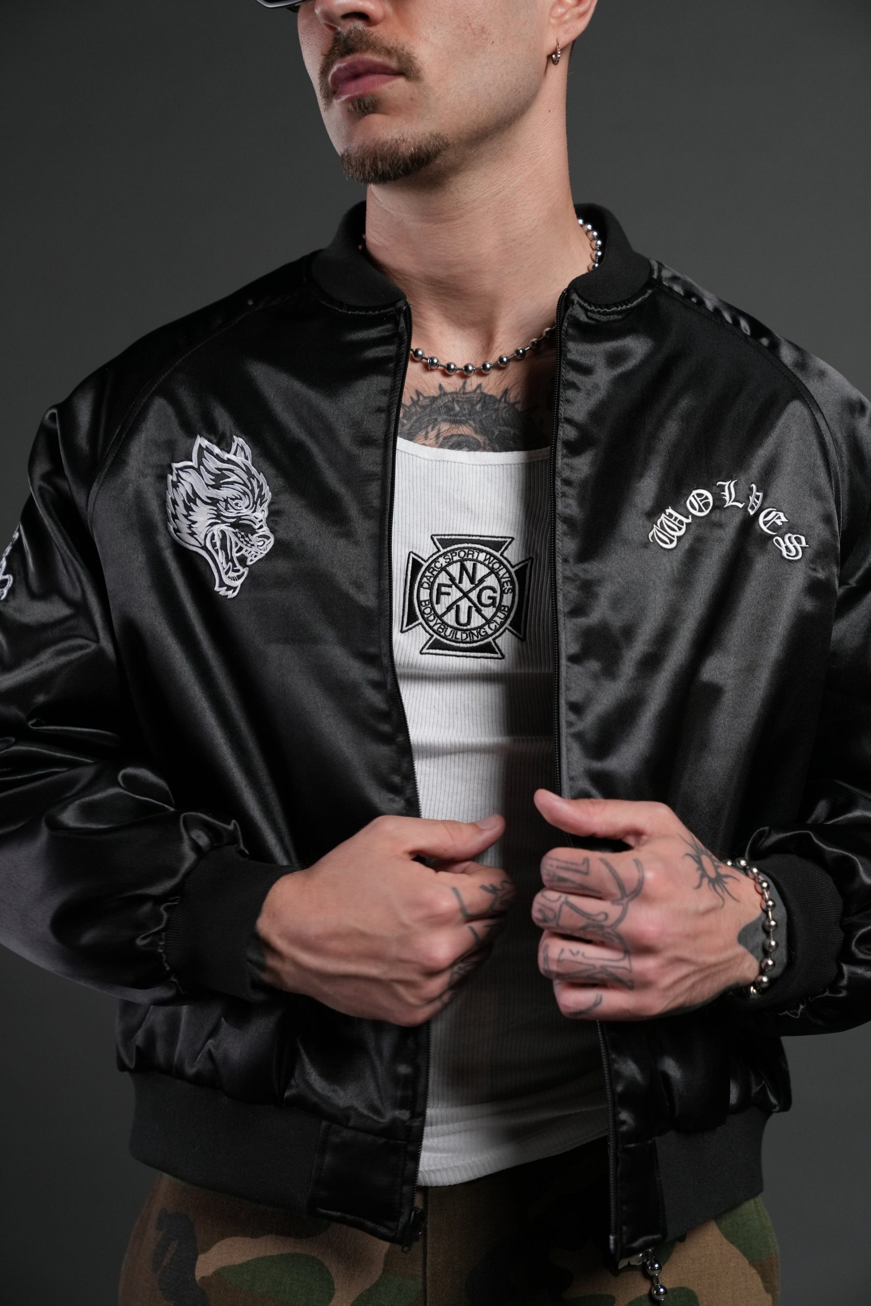 Last Love Unisex Cropped Satin Bomber Jacket in Black - Image 7