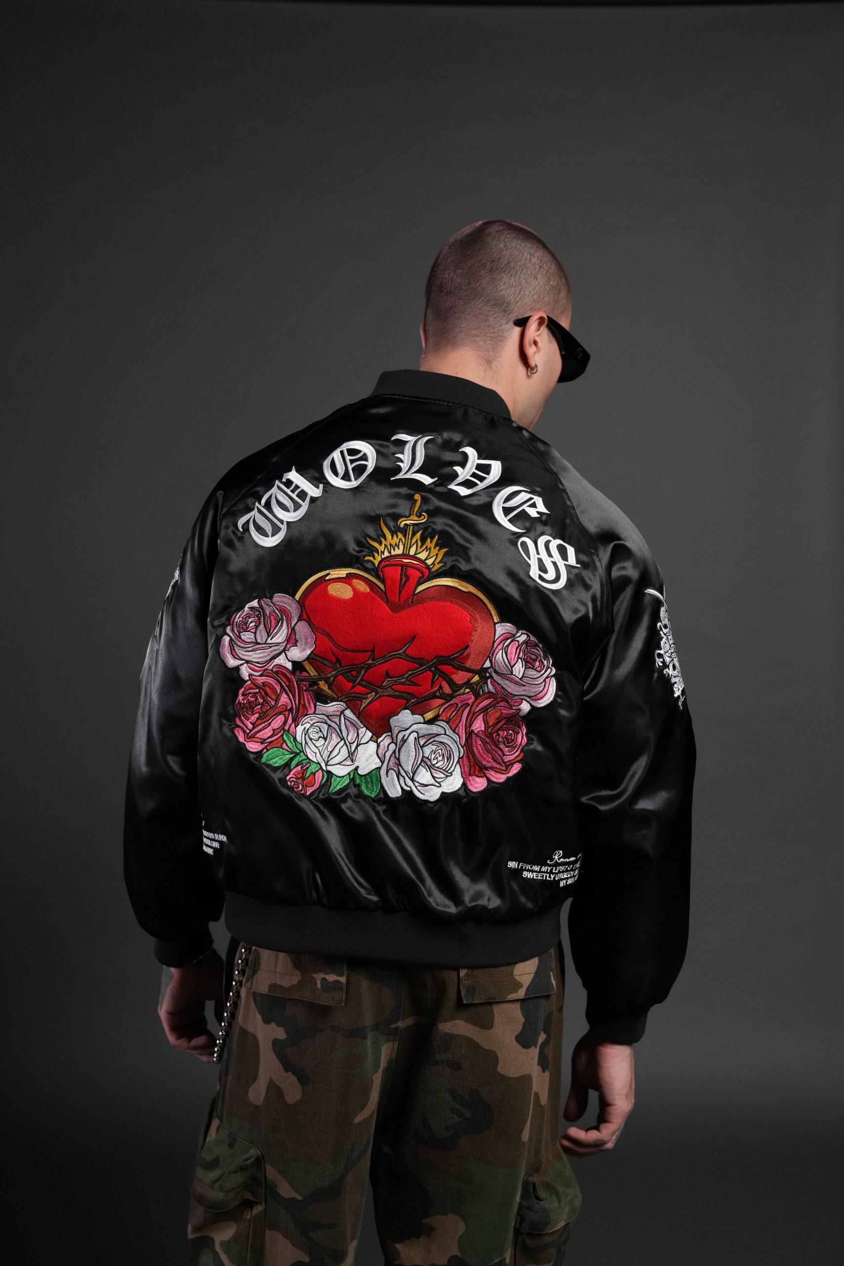 Last Love Unisex Cropped Satin Bomber Jacket in Black - Image 4