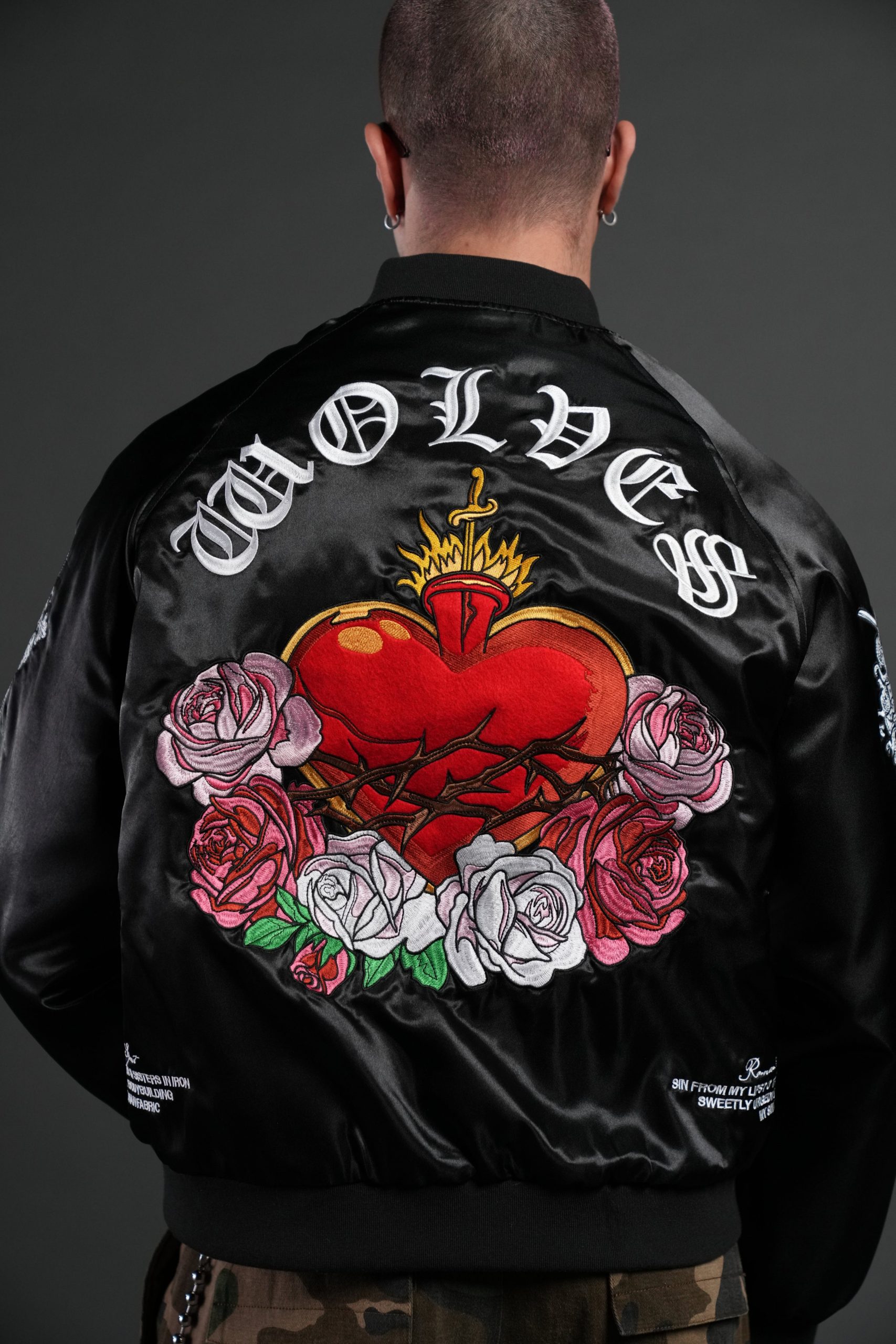 Last Love Unisex Cropped Satin Bomber Jacket in Black - Image 8