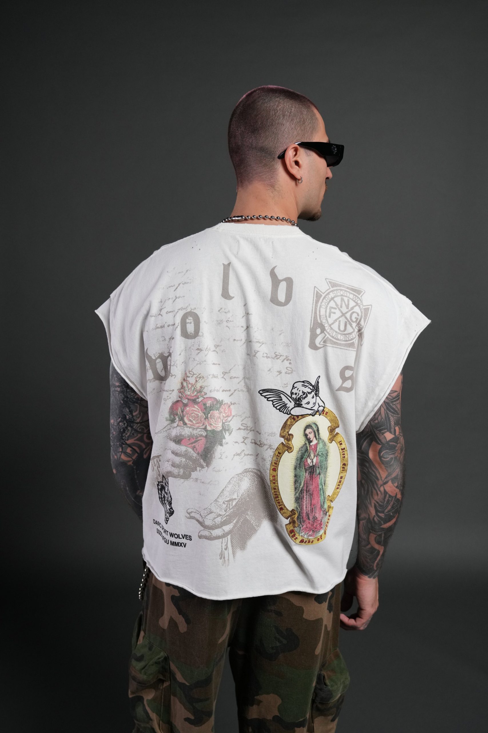 Holy Vow Distressed Grunge Cut-Off Mid-Length Raw Hem Tee in Cream - Image 4